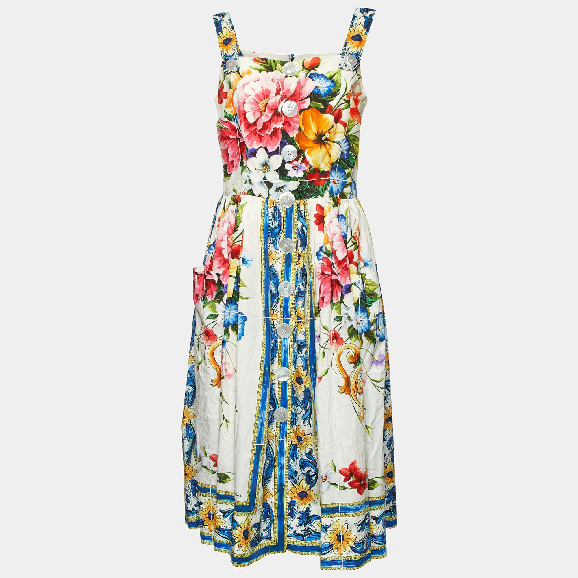 Pre Owned Dolce & Gabbana Multicolor Floral Print Cotton Pleated Midi Dress L