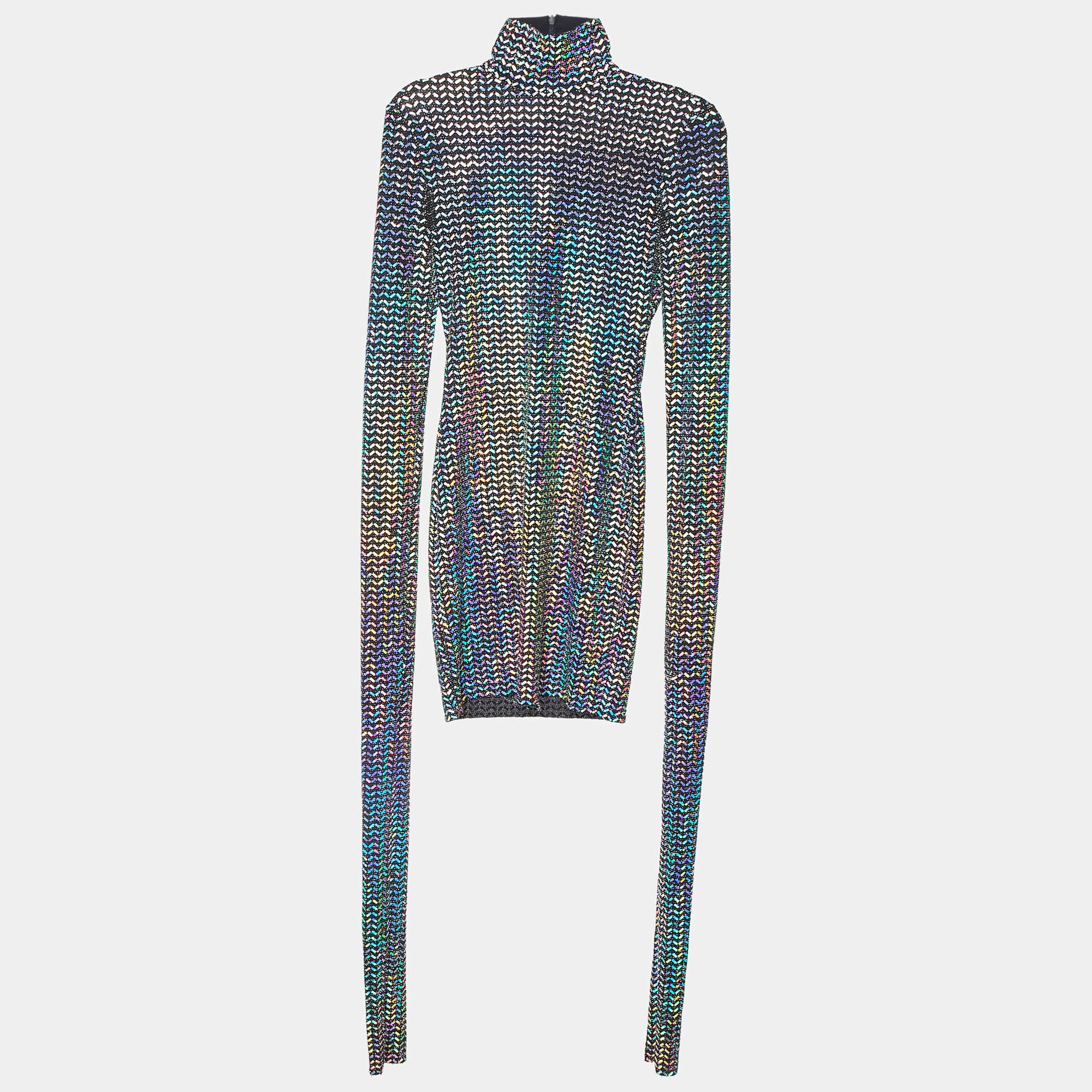 Pre Owned Dolce & Gabbana Black Holographic Lurex Jersey Turtle Neck Mini Dress S