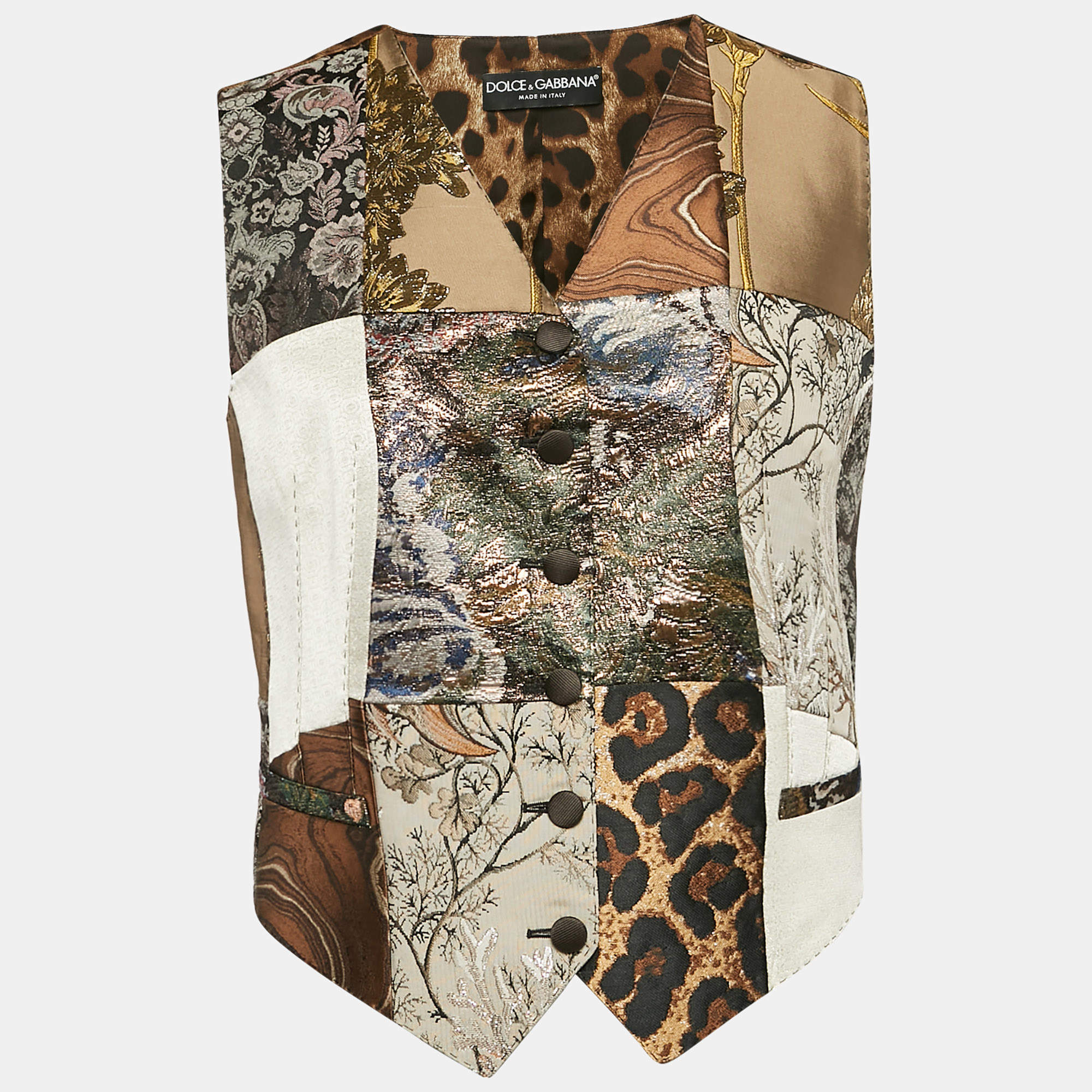 Pre Owned Dolce & Gabbana Brown Printed satin and Jacquard Patchwork Waist Coat M