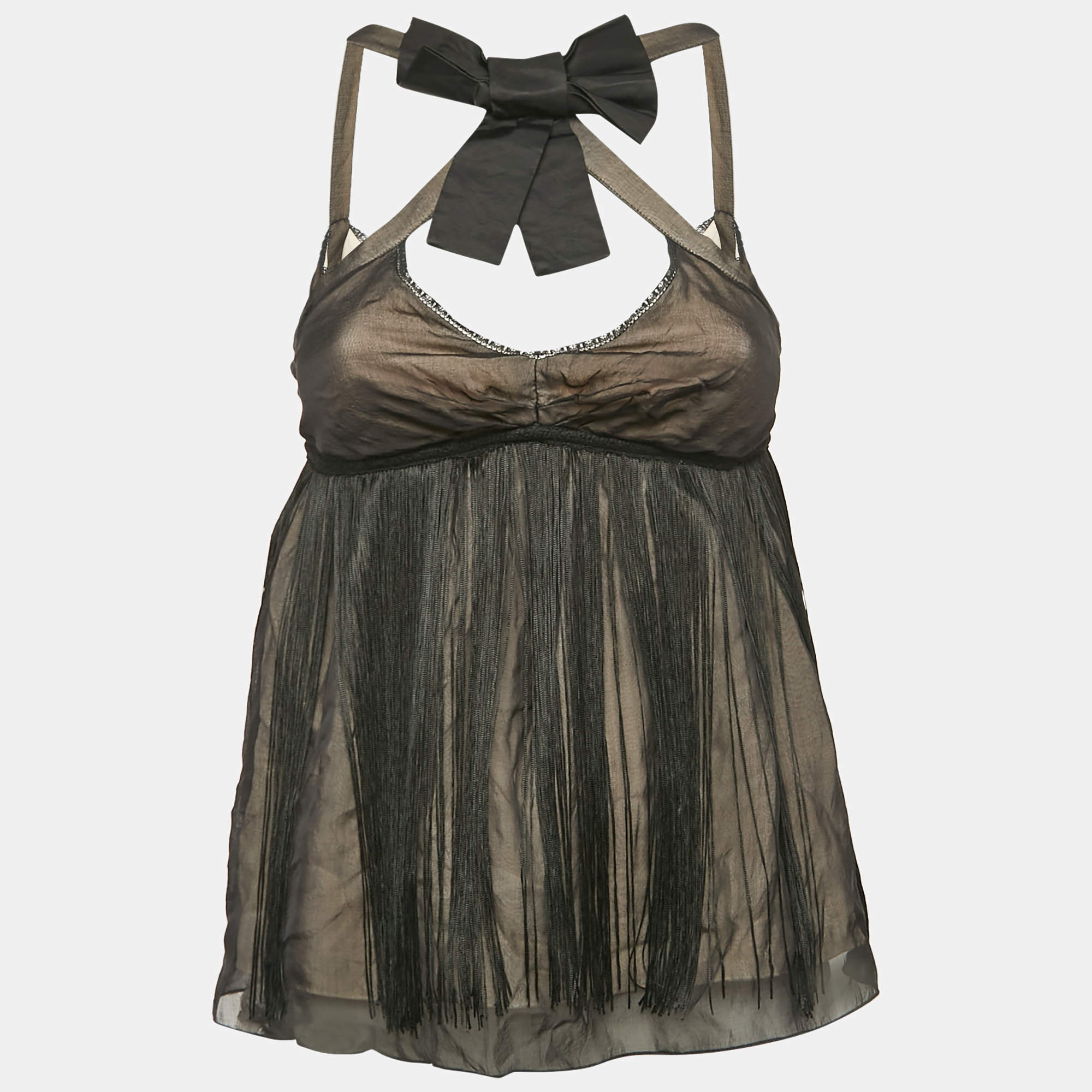 Pre Owned قميص دولتشي أند غابانا حرير أسود بشرابات وتفاصيل قوس صغير الحجم