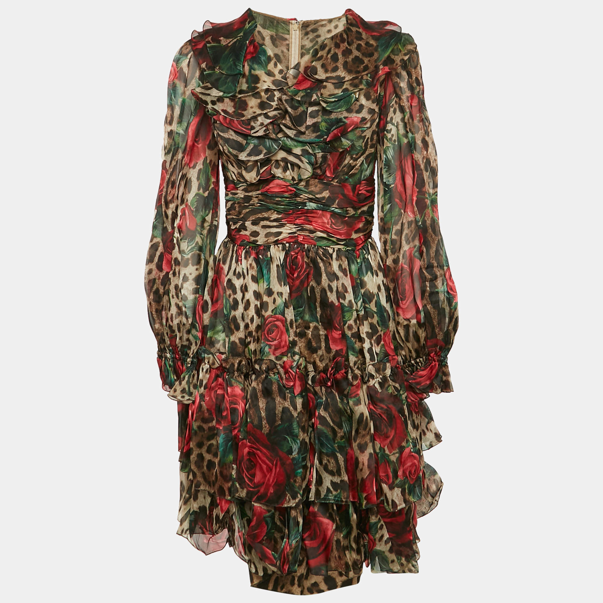 Pre Owned Dolce & Gabbana Brown Rose & Leopard Print Organza Tiered Short Dress M