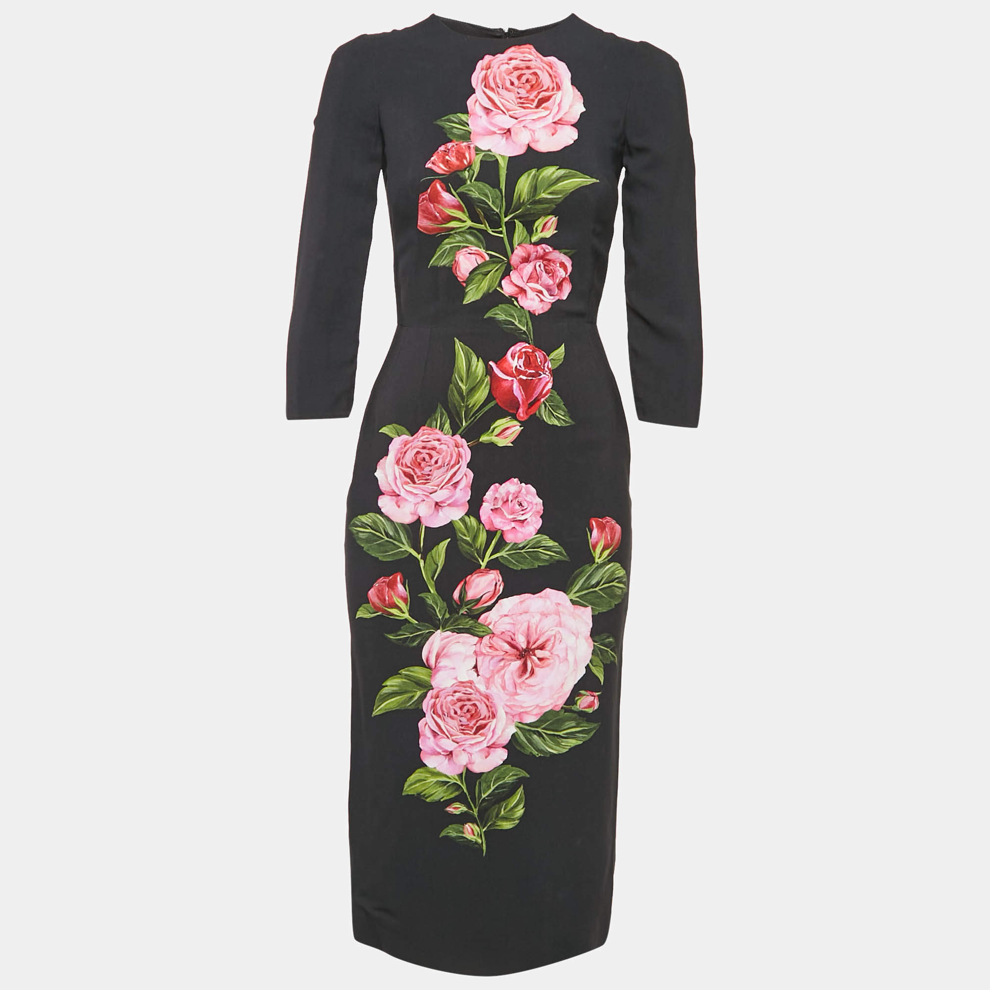 Pre Owned Dolce & Gabbana Black Floral Print Crepe Midi Dress XS