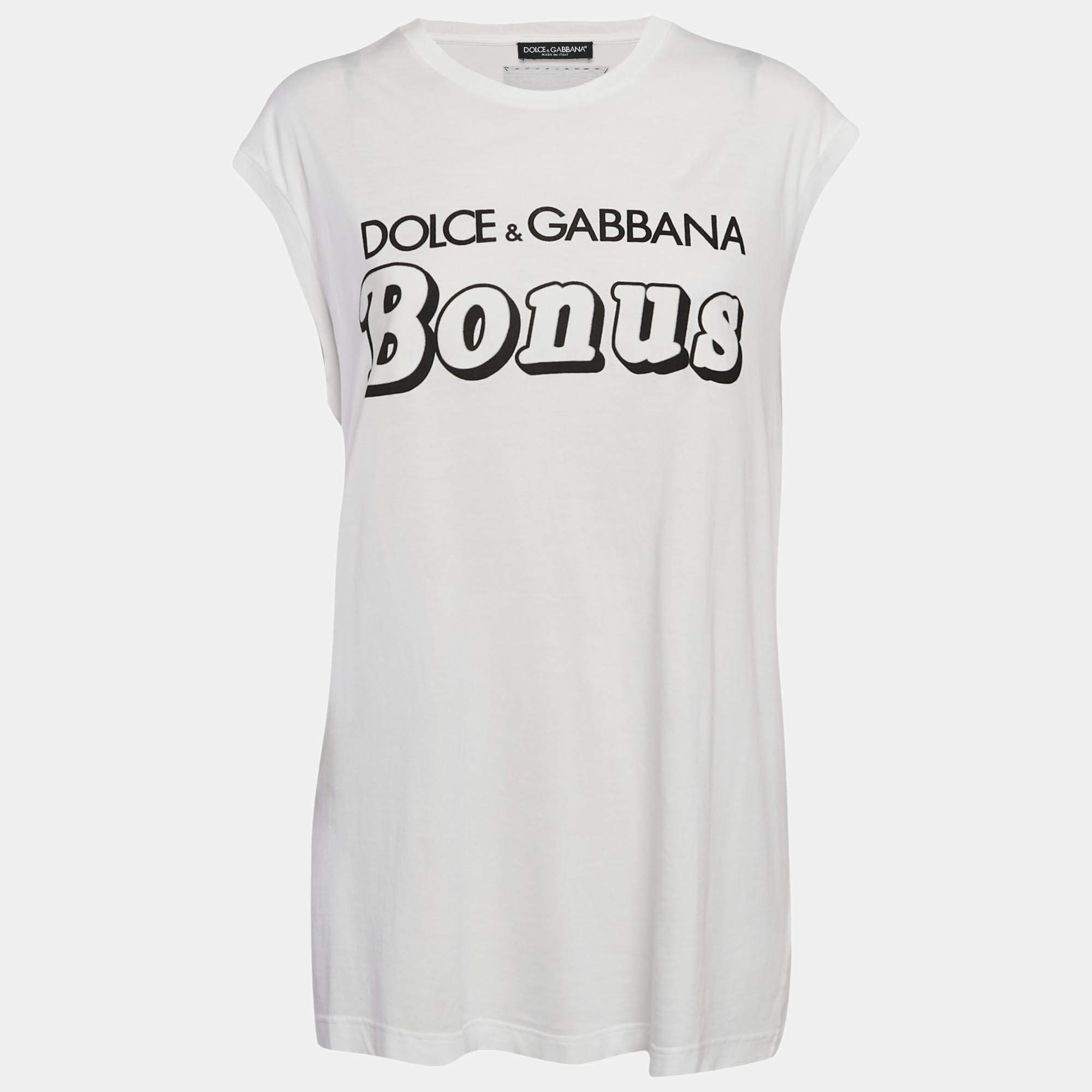 Dolce & Gabbana White Printed Cotton Sleeveless T-Shirt S