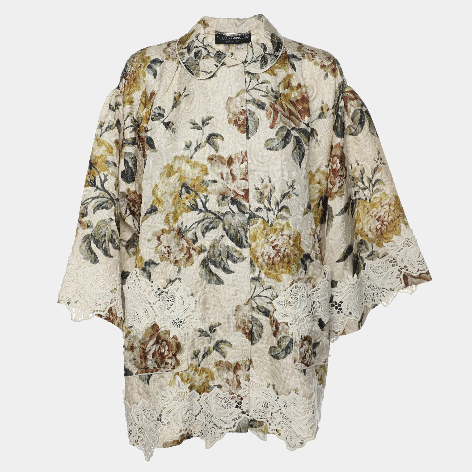 Pre Owned Dolce & Gabbana Light Cream Floral Printed Silk Jacquard Button Front Jacket S