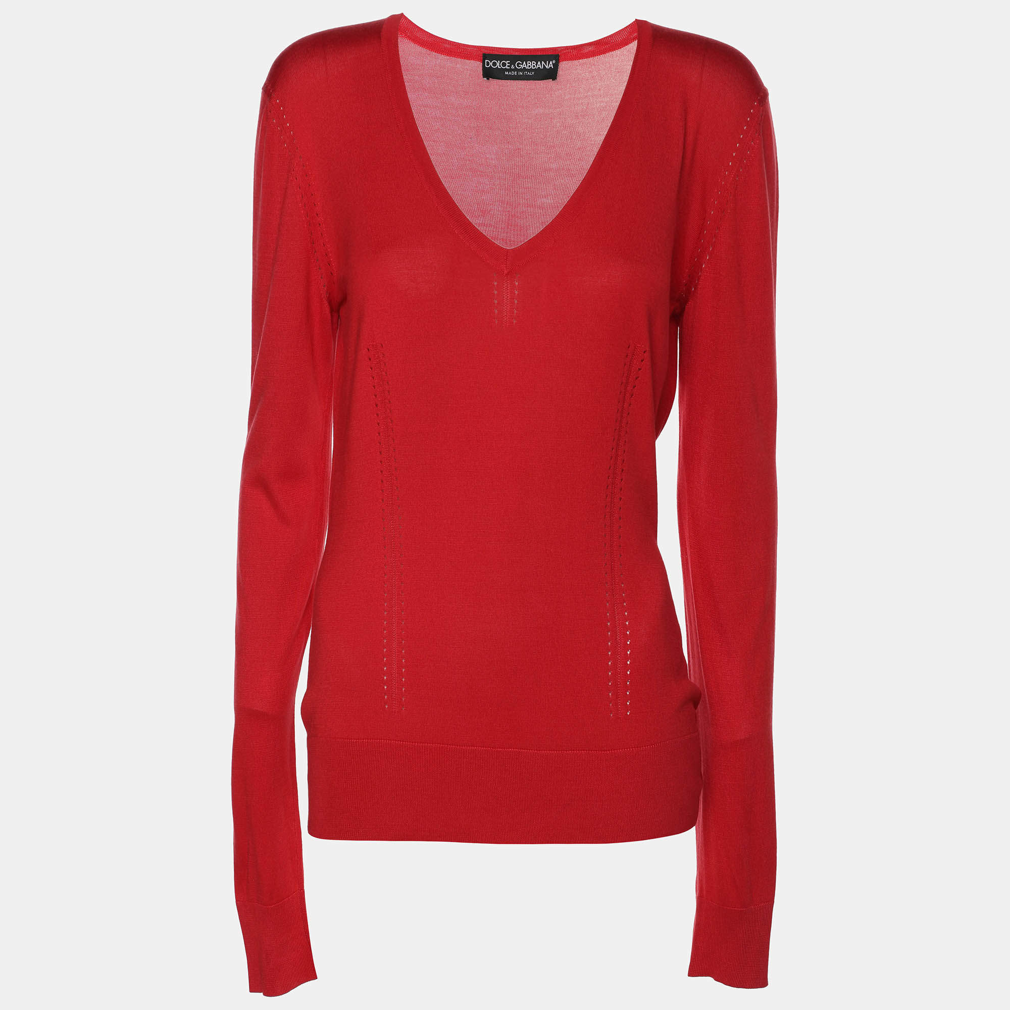 Pre Owned Dolce & Gabbana Red Silk Knit V Neck Full Sleeve Top M