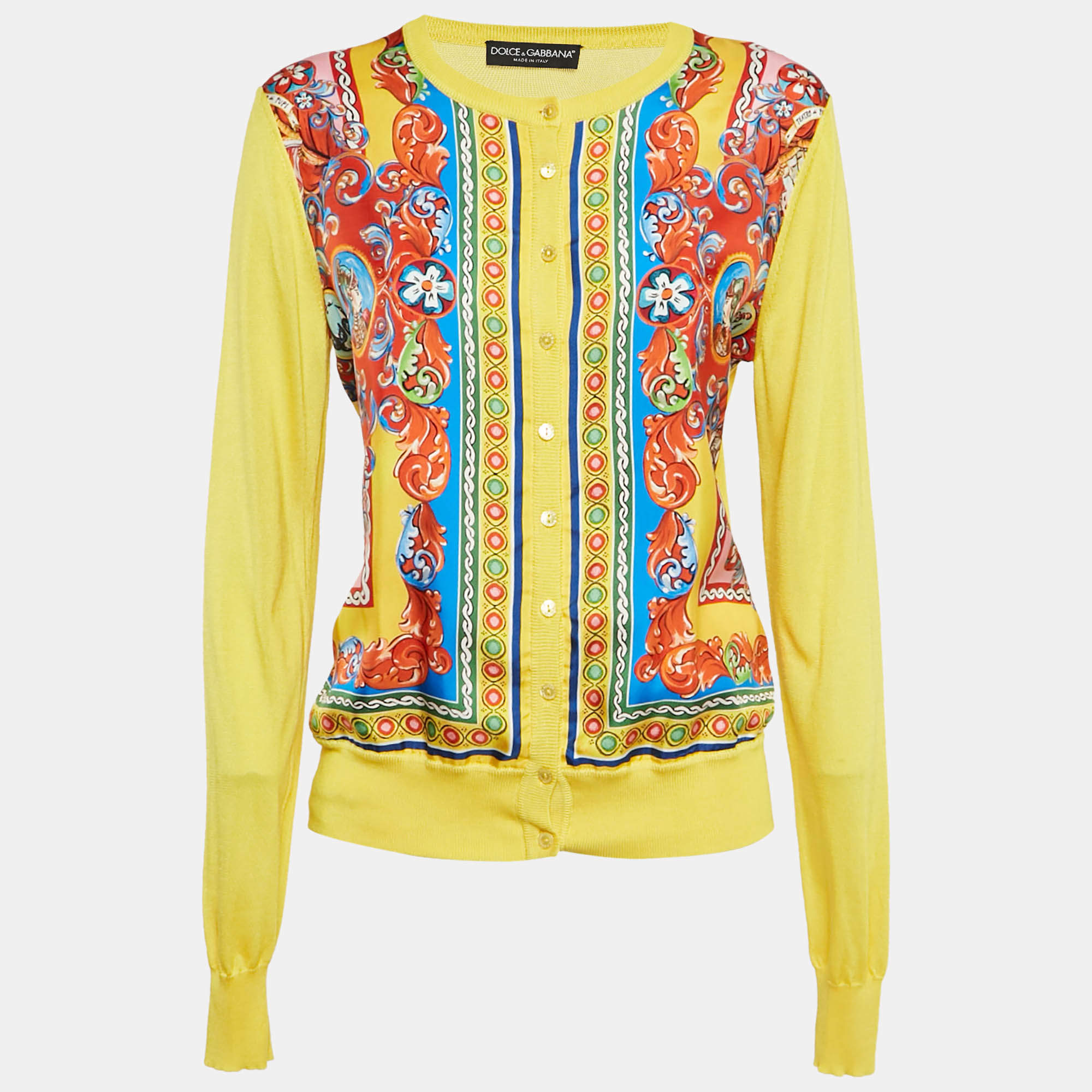 Pre Owned Dolce & Gabbana Yellow Caretto Print Silk Cardigan M