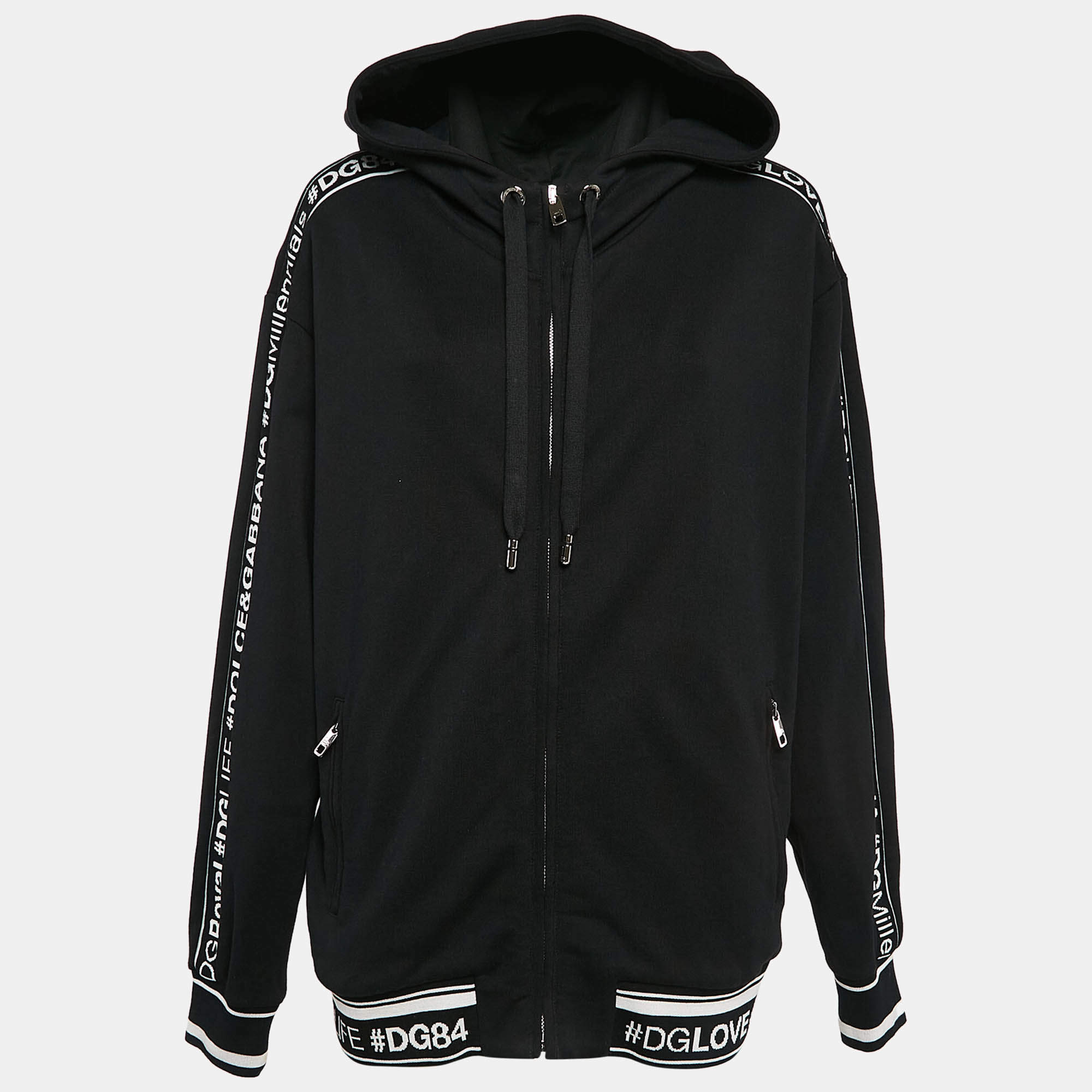 Pre Owned Dolce & Gabbana Black Logo Band Jersey Zip-Up Hooded Sweatshirt S
