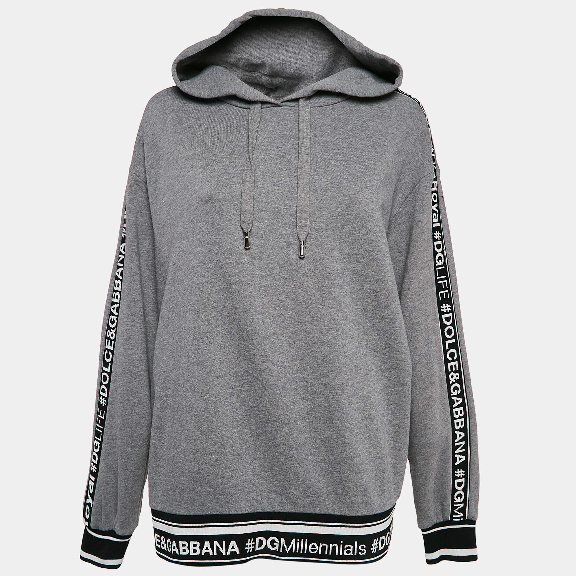 Pre Owned Dolce & Gabbana Grey Logo Band Jersey Hooded Sweatshirt S