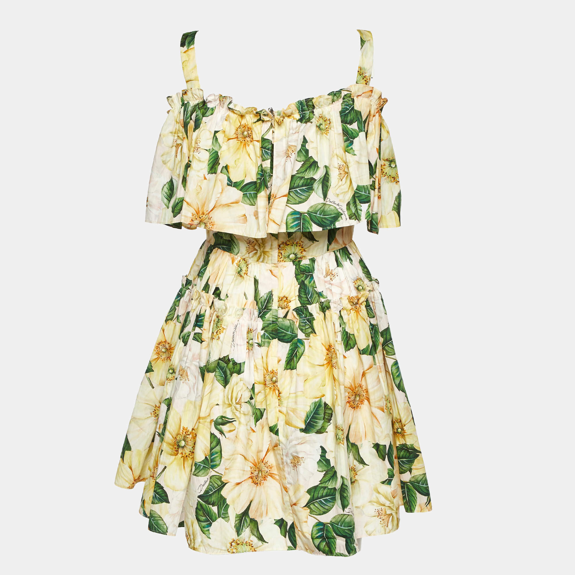 Pre Owned Dolce & Gabbana Yellow Floral Print Flounced Mini Dress M
