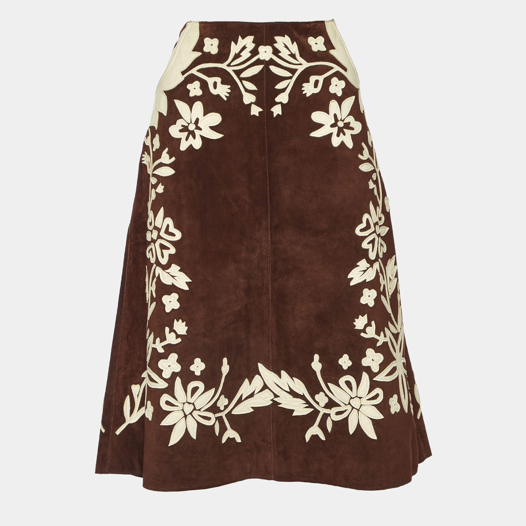 Dolce & Gabbana Brown Floral Applique Suede Midi Skirt M