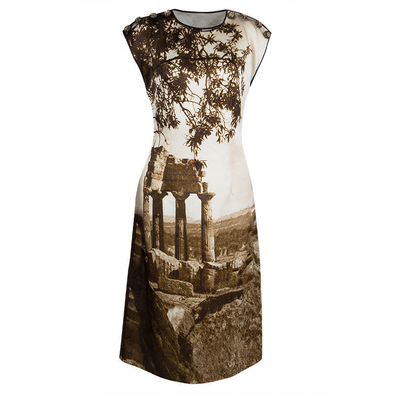 Pre Owned Dolce & Gabbana Spring'14 Digital Greek Temple Print Silk Dress M