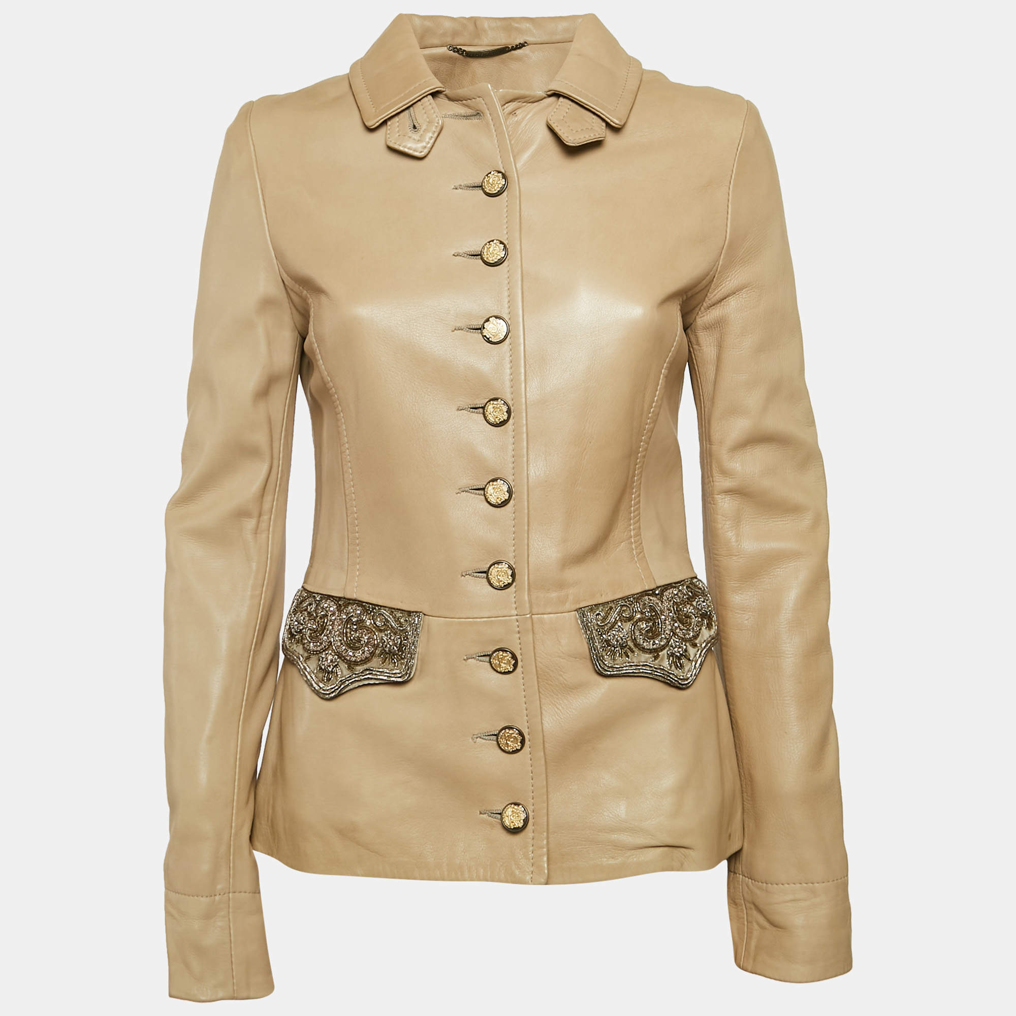 Dolce & Gabbana Beige Embellished Leather Button Detail Jacket M