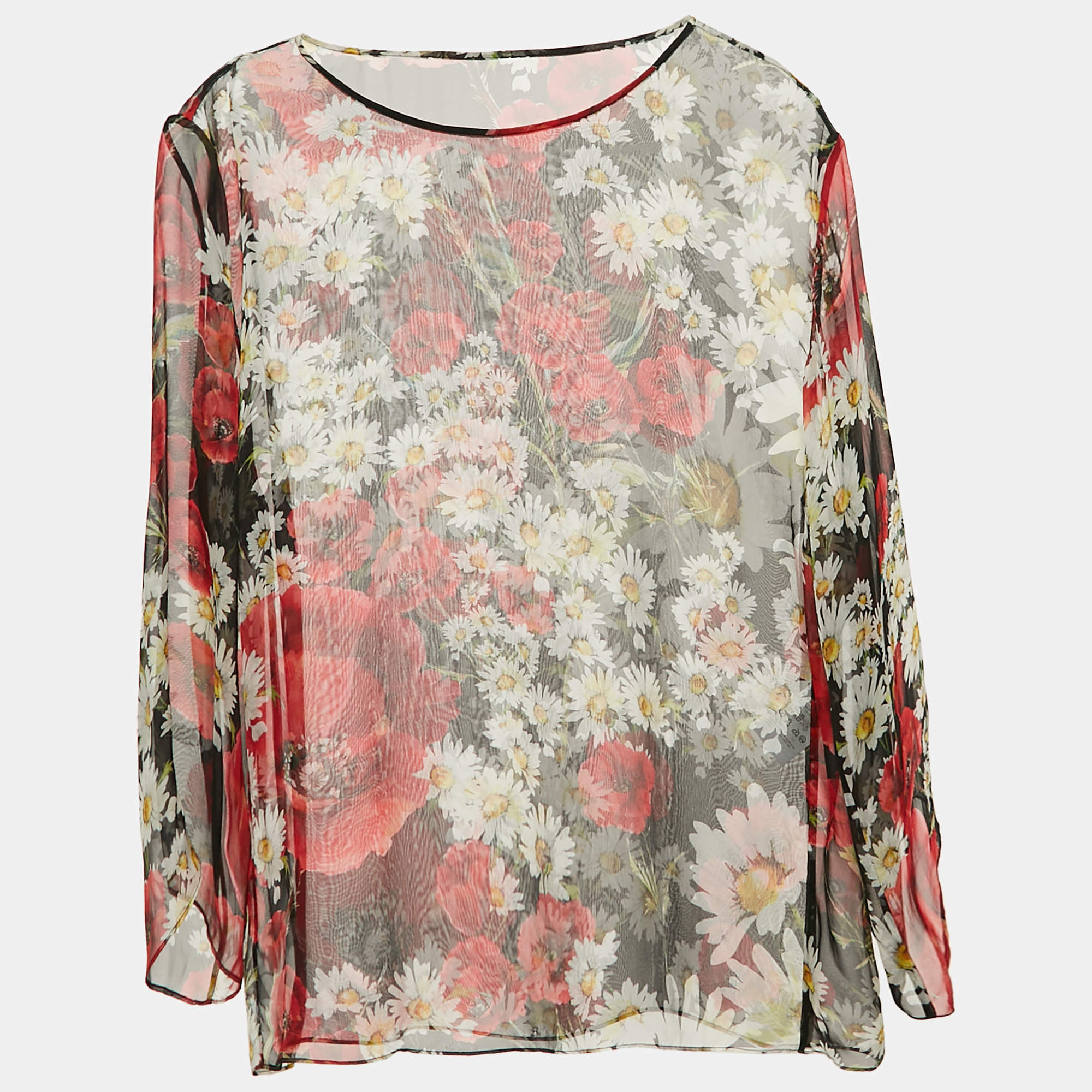 Dolce & Gabbana Black Floral Print Silk Sheer Top M