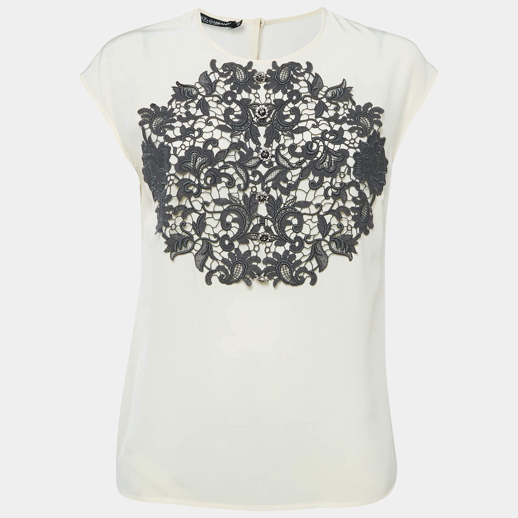Pre Owned Dolce & Gabbana Cream Lace Trim Silk Sleeveless Blouse M
