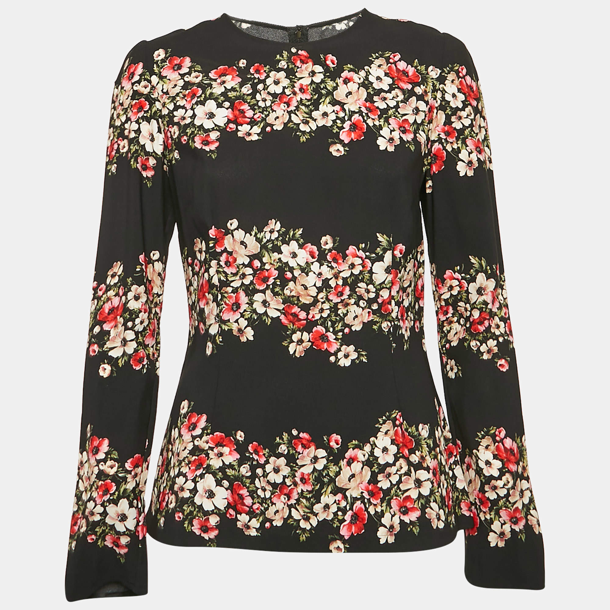 Pre Owned Dolce & Gabbana Black Floral Print Crepe Long Sleeve Blouse M