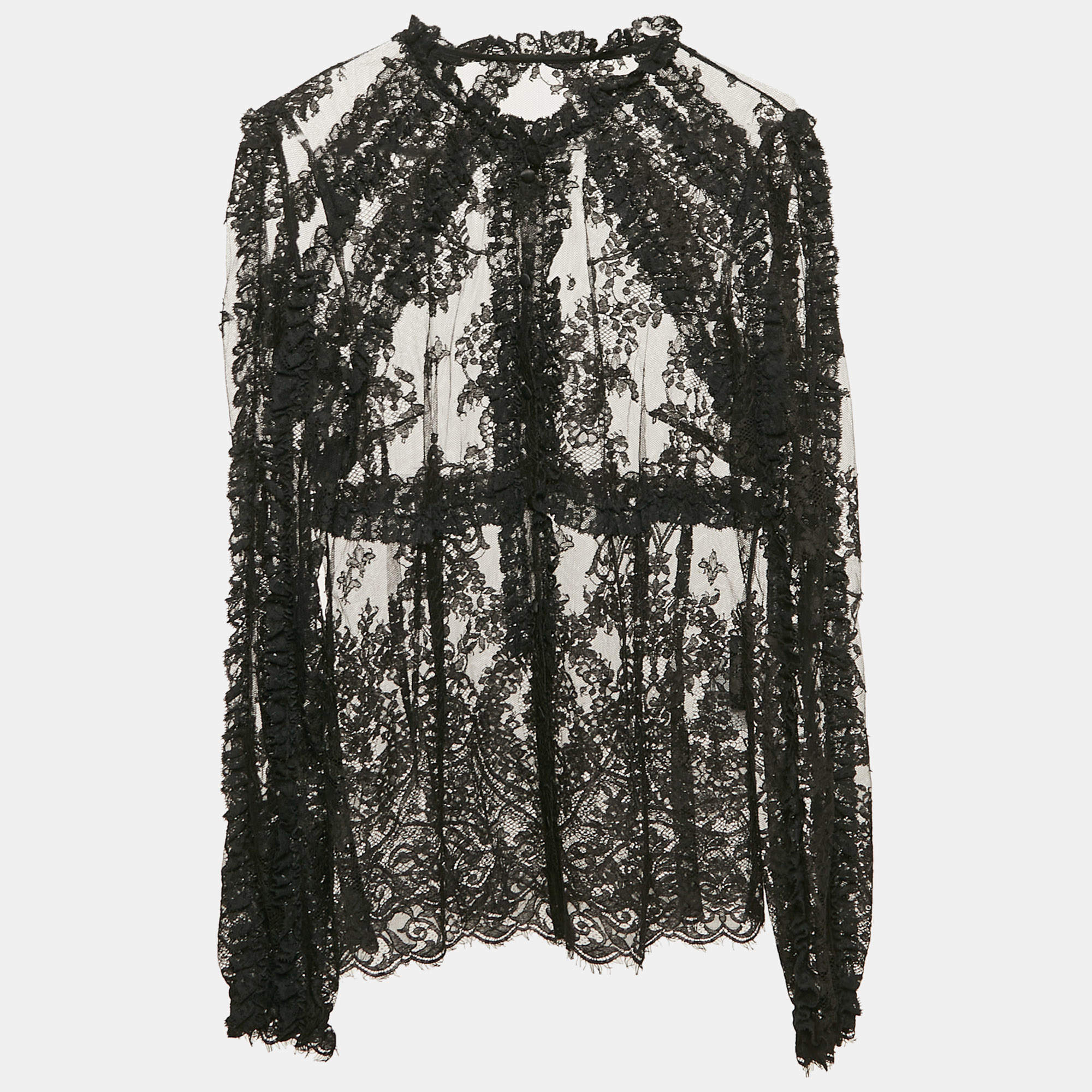 Pre Owned Dolce & Gabbana Black Floral Lace Ruffled Blouse M