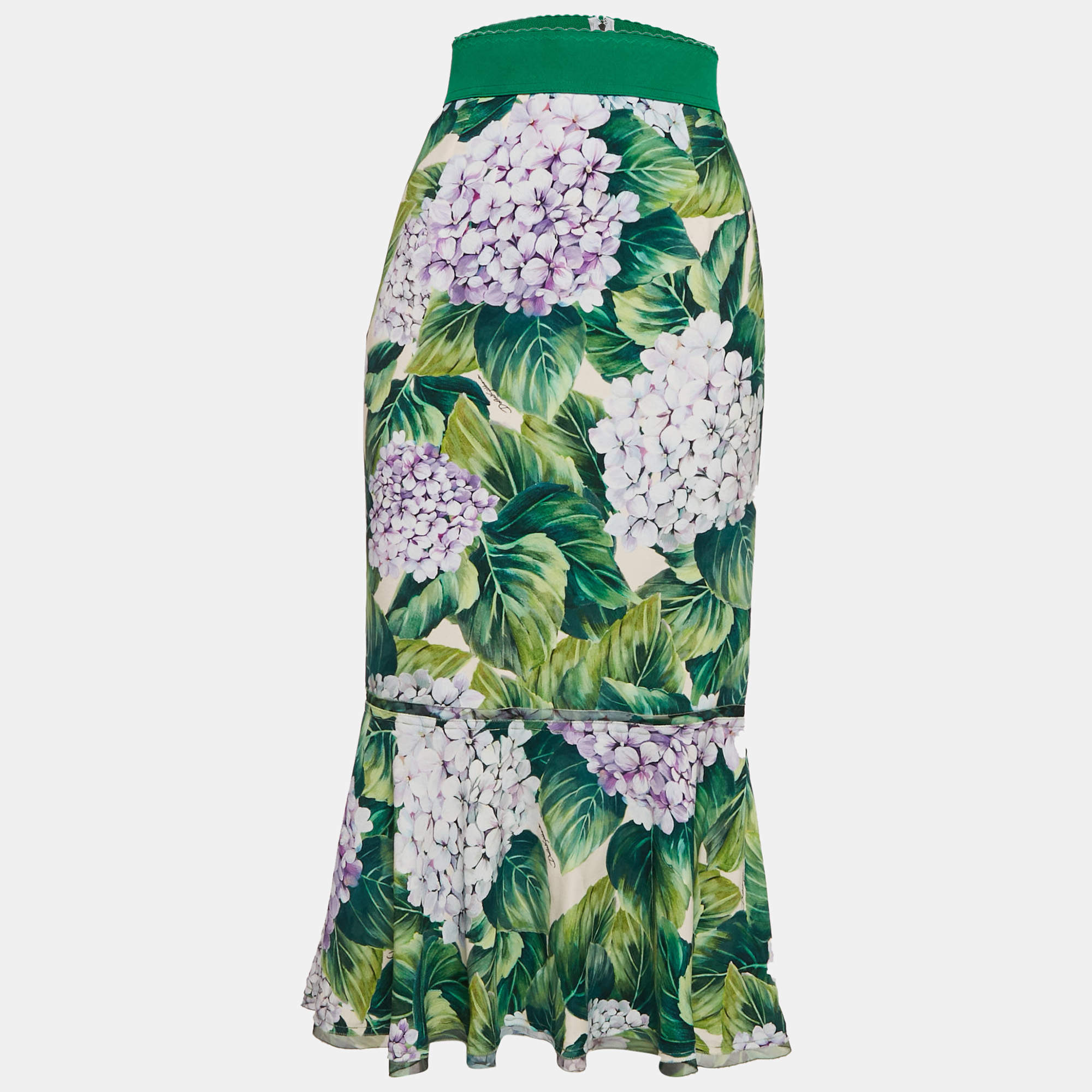 مملوكة مسبقًا Dolce & Gabbana Green Hydrangea Print Silk Flounce Midi Skirt M