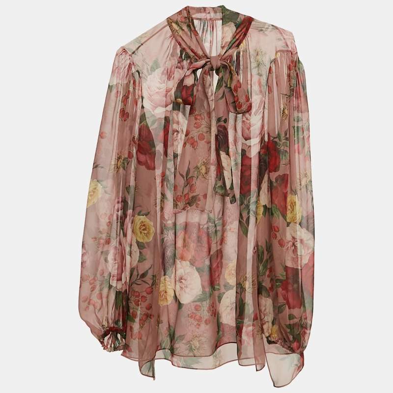 مملوكة مسبقًا Dolce & Gabbana Multicolor Floral Print Silk Neck-Tie Blouse L