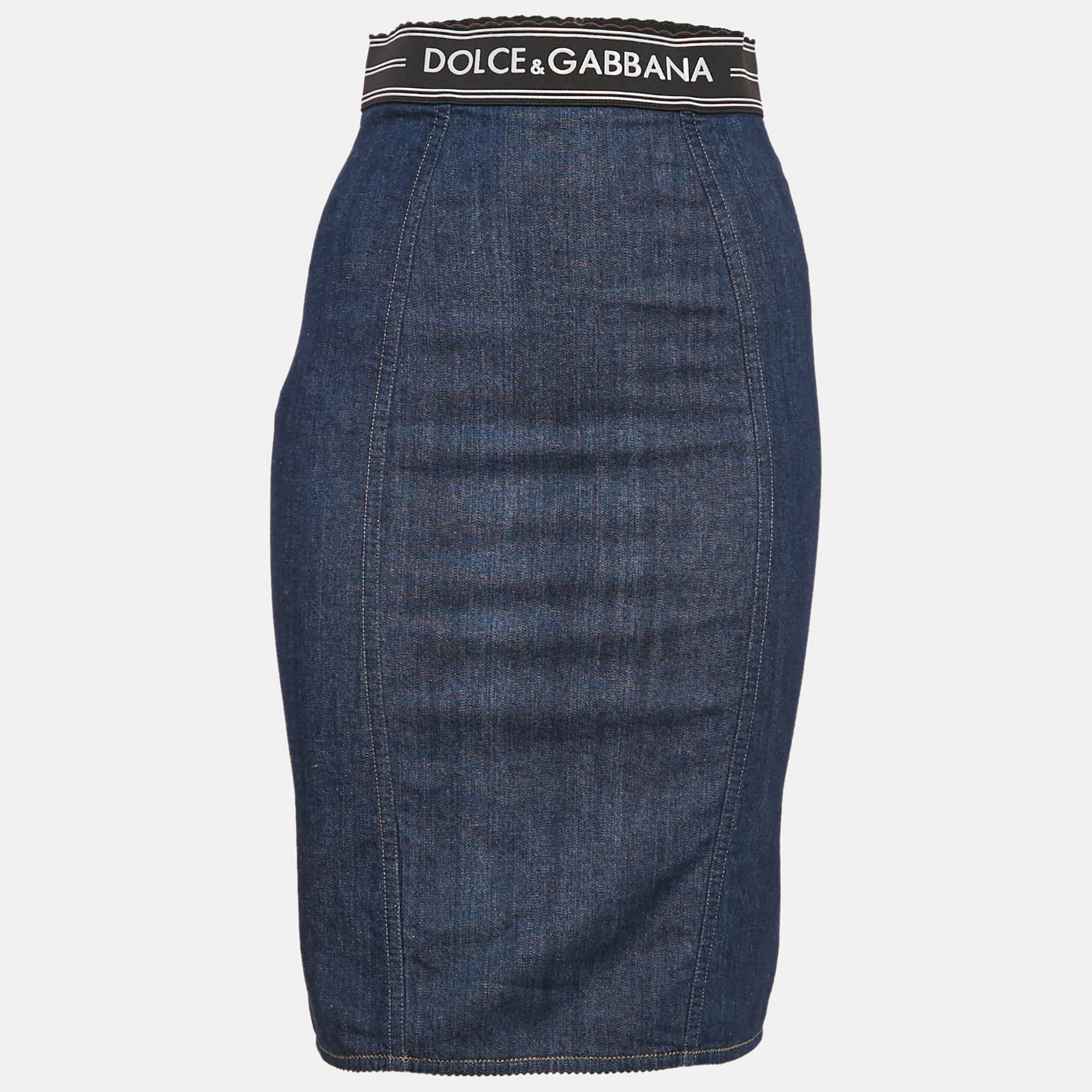 Pre Owned Dolce & Gabbana Navy Blue Denim and Jersey Logo Waist Band Pencil Skirt S