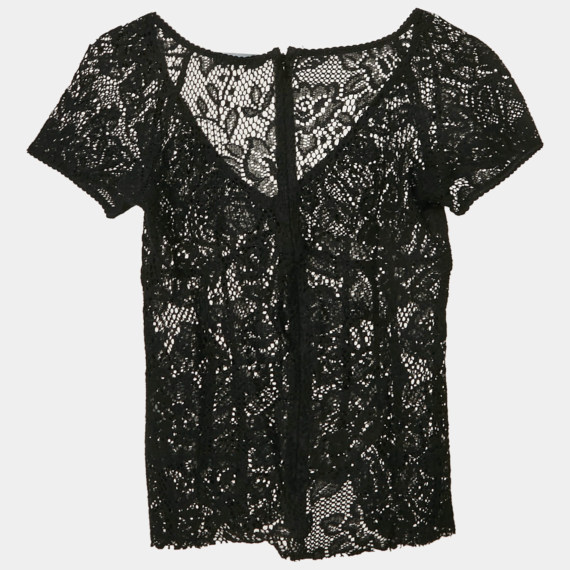 Pre Owned Dolce & Gabbana Black Lace V-Neck Sheer Top S