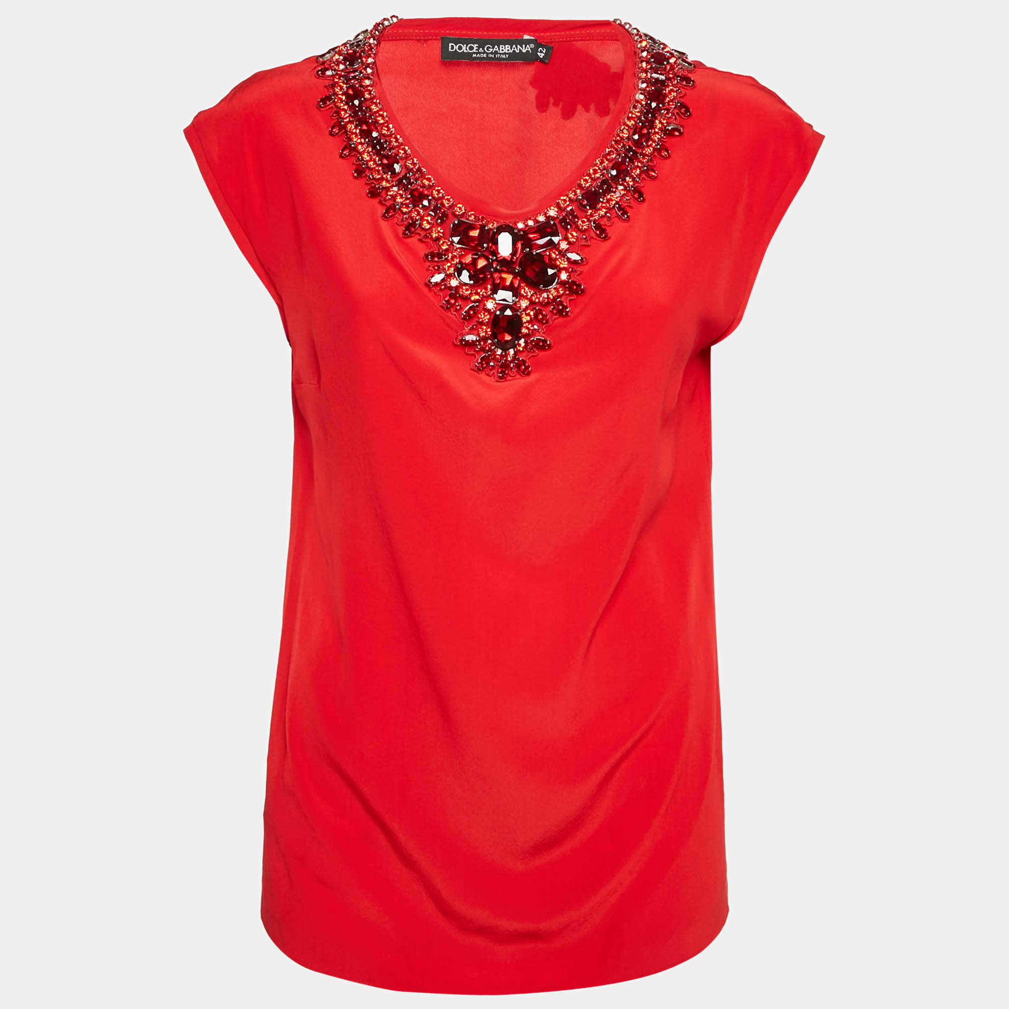 Pre Owned Dolce & Gabbana Red Rhinestone Embellished Silk Top M