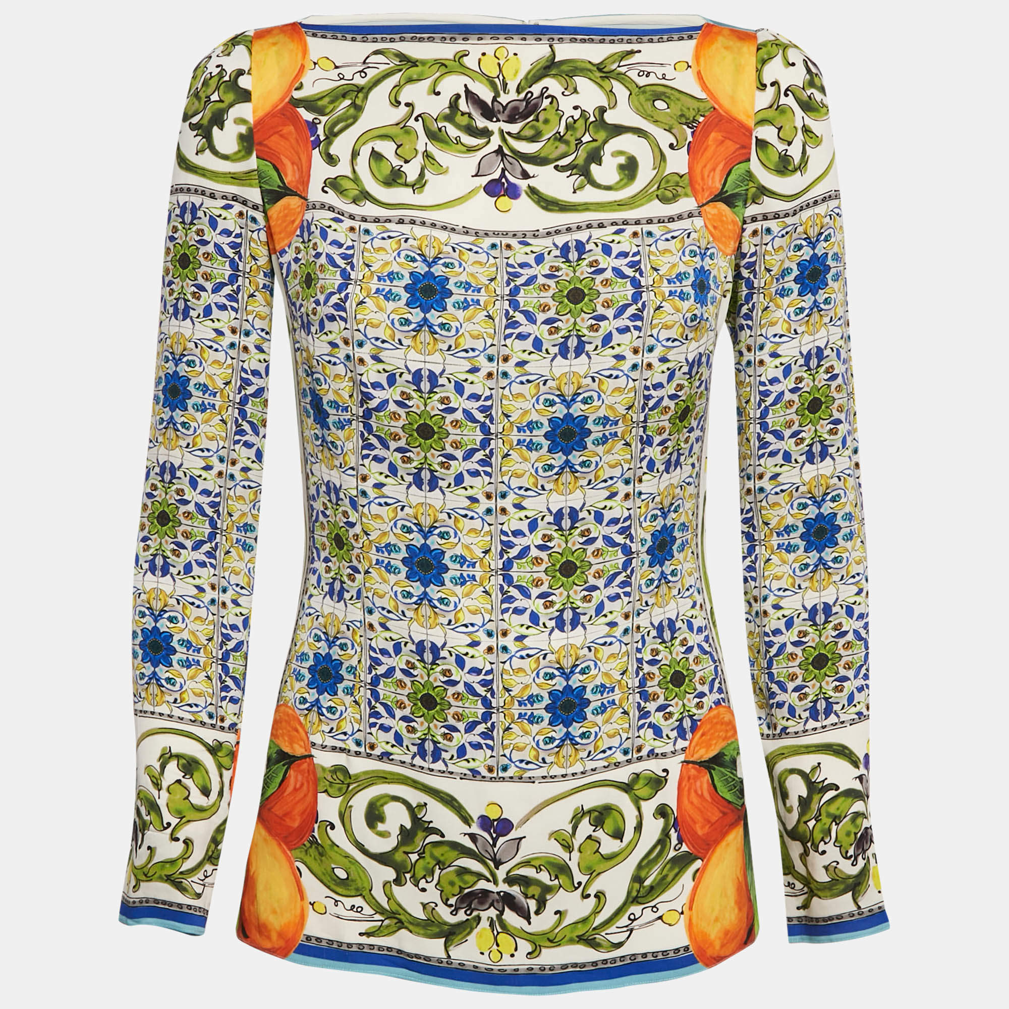 Pre Owned Dolce & Gabbana Multicolor Majolica Print Silk Long Sleeve Top M