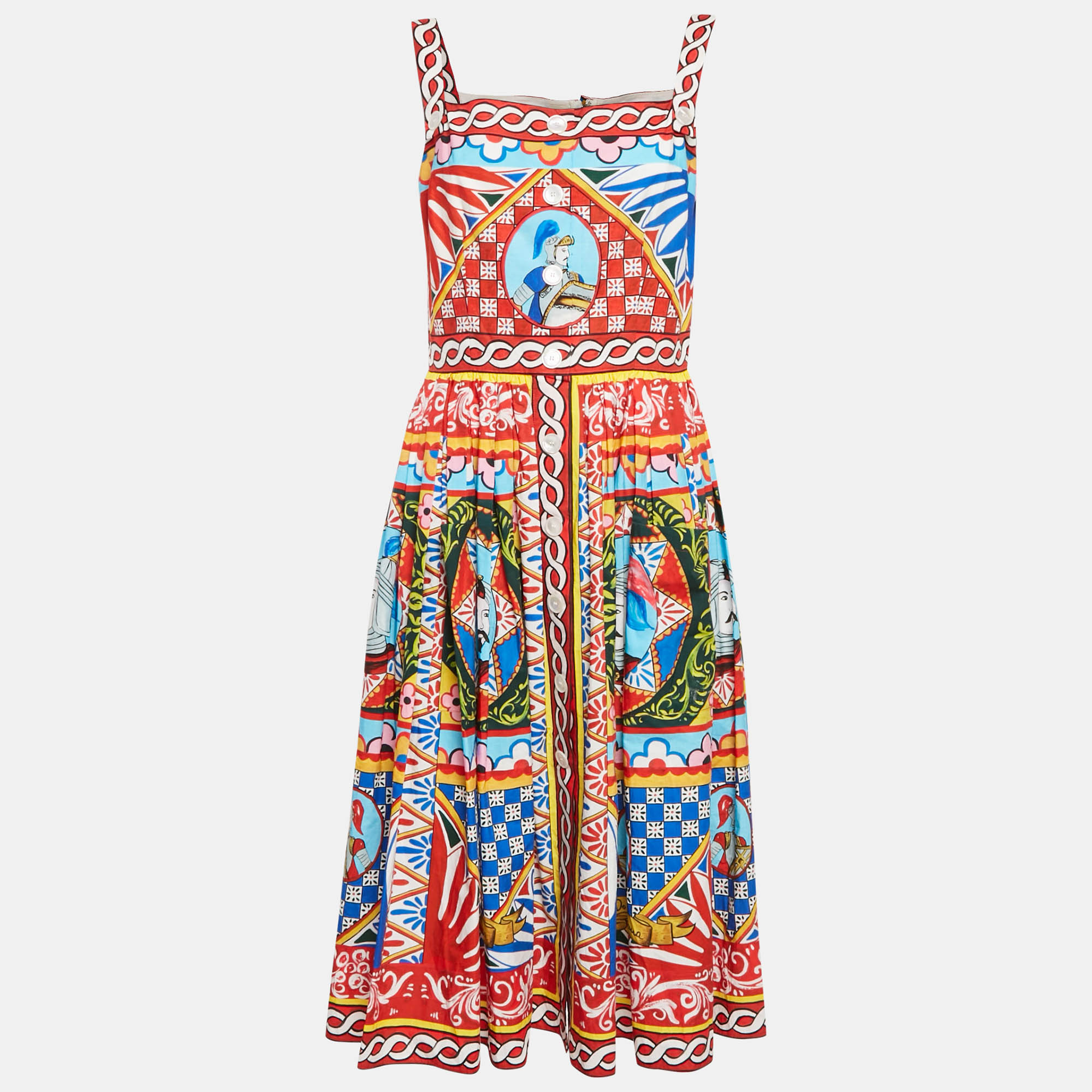 Pre Owned Dolce & Gabbana Red/Blue Carretto Print Poplin Gathered Midi Dress L