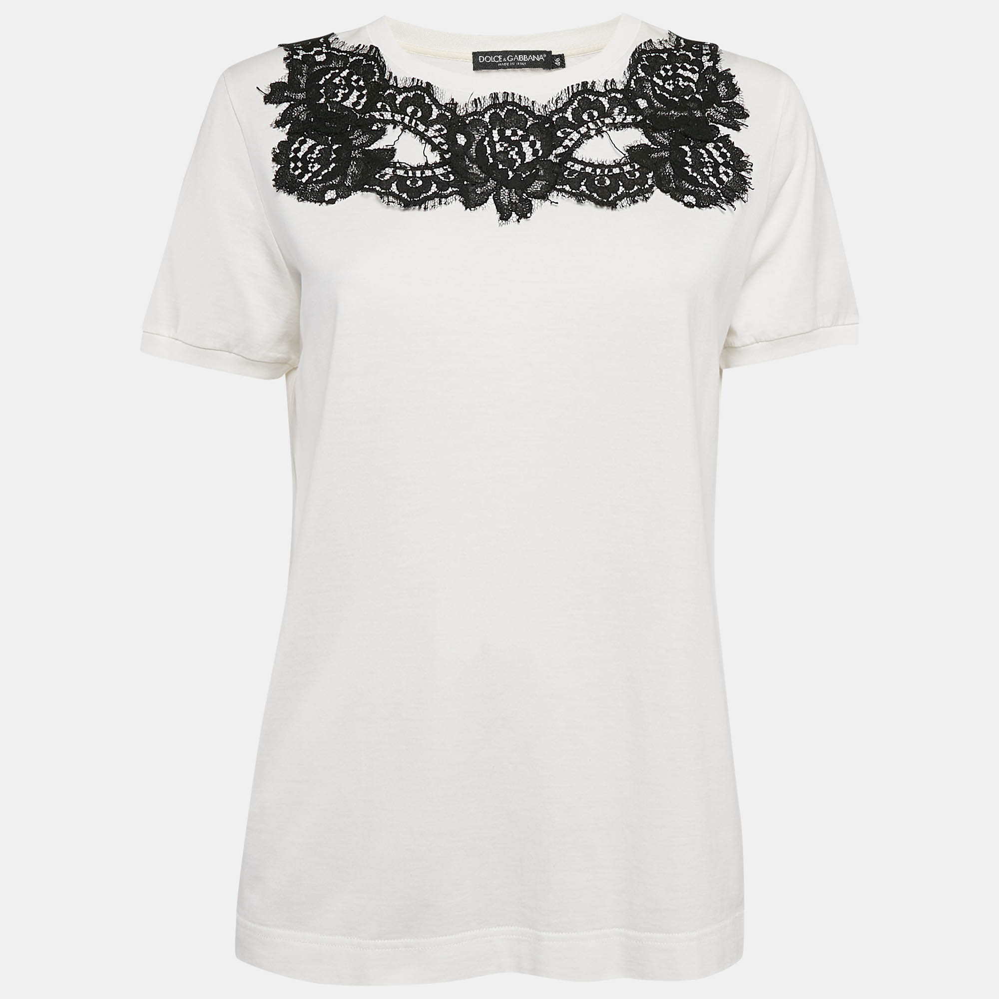 Pre Owned Dolce & Gabbana White Cotton Lace Detail Crew Neck T-Shirt L