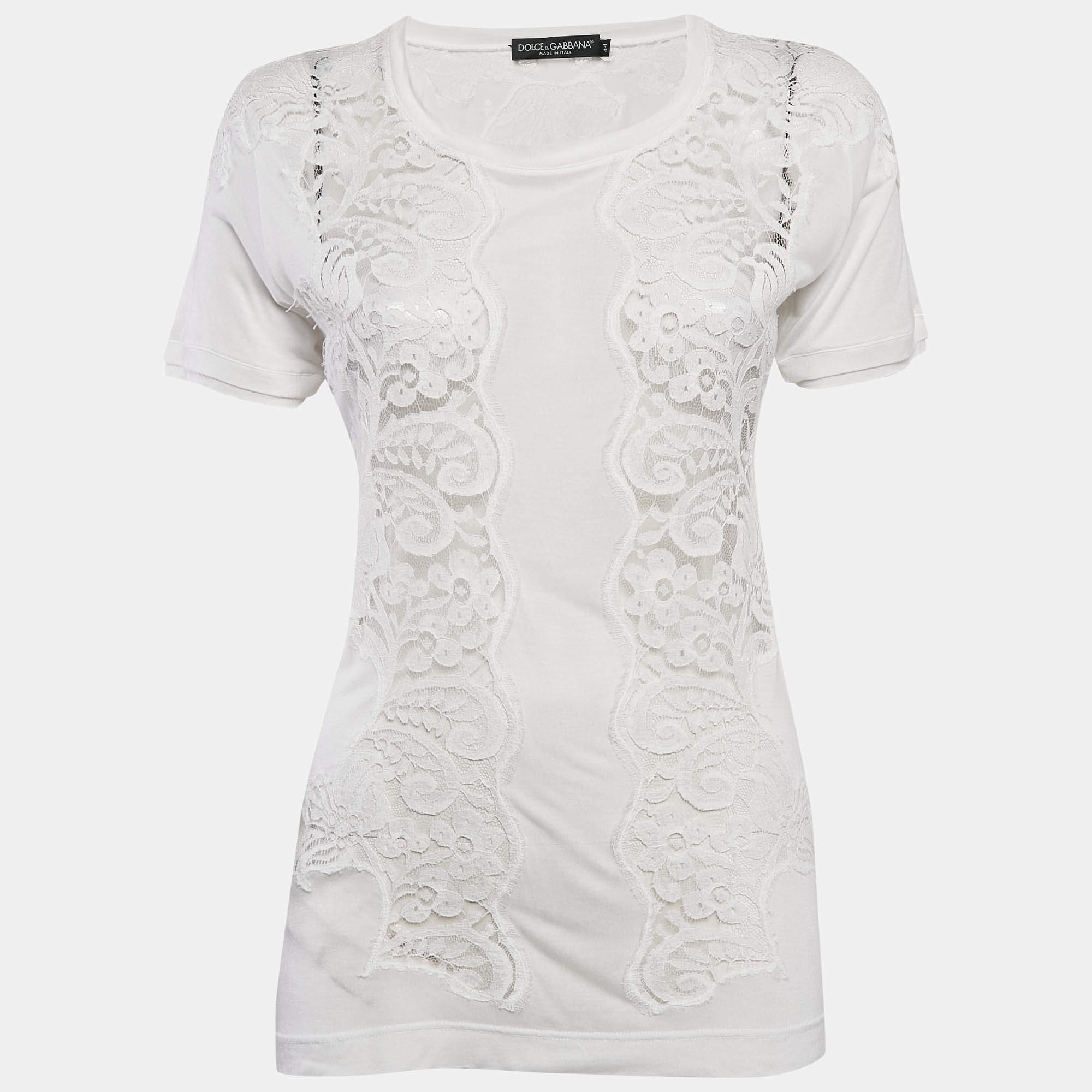 Pre Owned Dolce & Gabbana White Modal & Lace Trim Crew Neck Top M