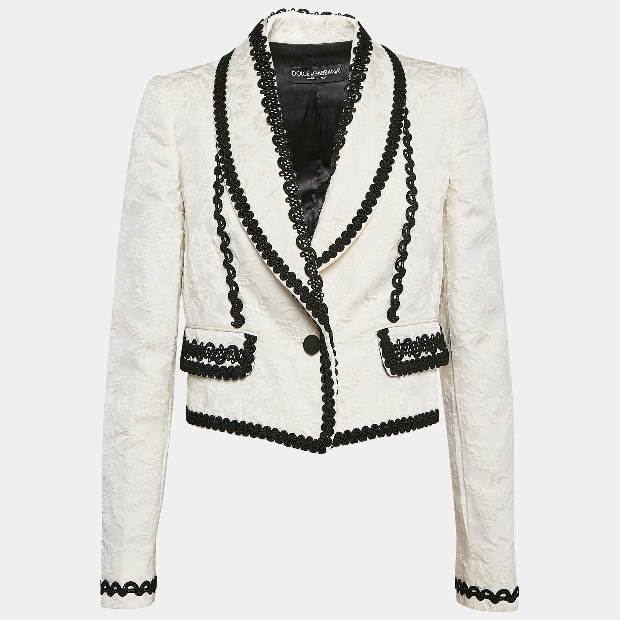 Pre Owned Dolce & Gabbana White Brocade Lace Trim Cropped Blazer L