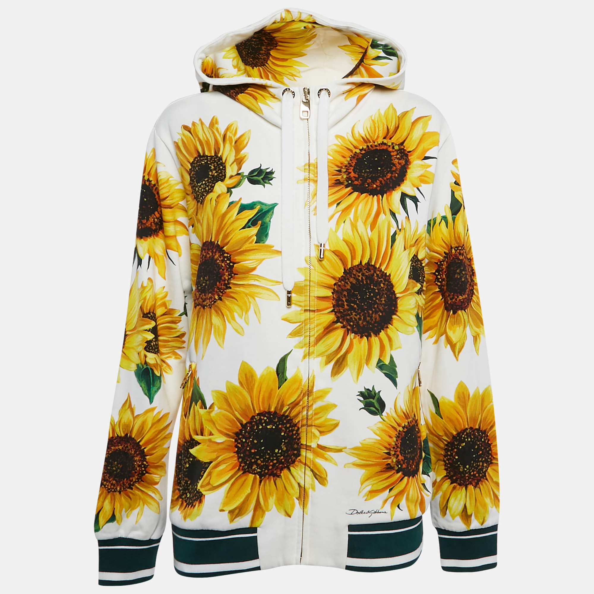 Dolce & Gabbana Yellow Sunflower Print Cotton Knit Zip-UP Hoodie XS
