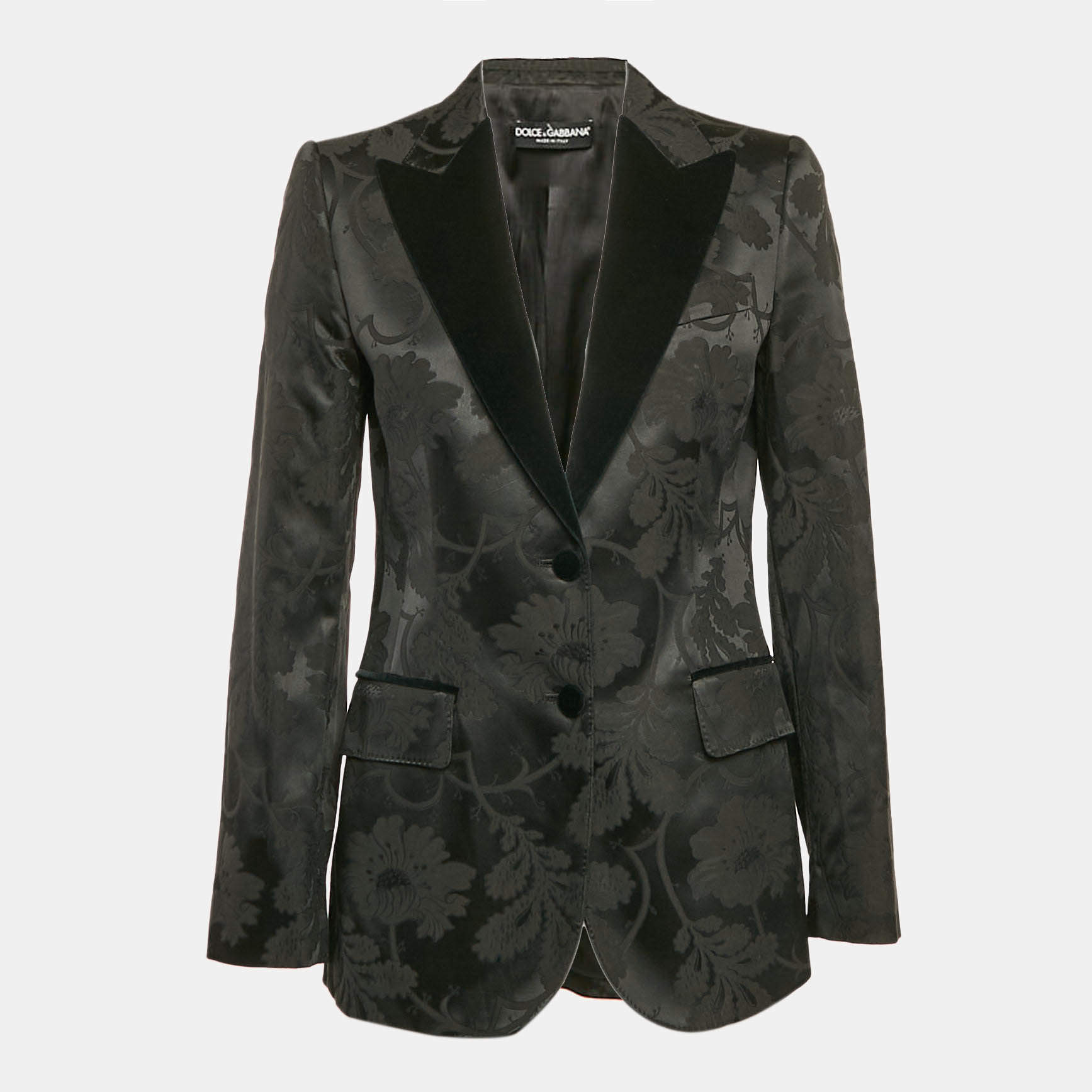 Pre Owned Dolce & Gabbana Black Floral Jacquard Velvet Trim Blazer M