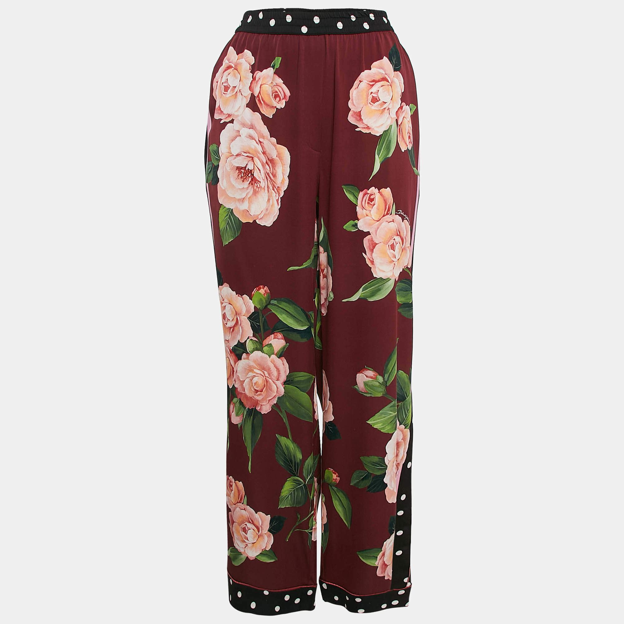Pre Owned Dolce & Gabbana Burgundy Floral Print Silk Wide-Leg Trousers XL