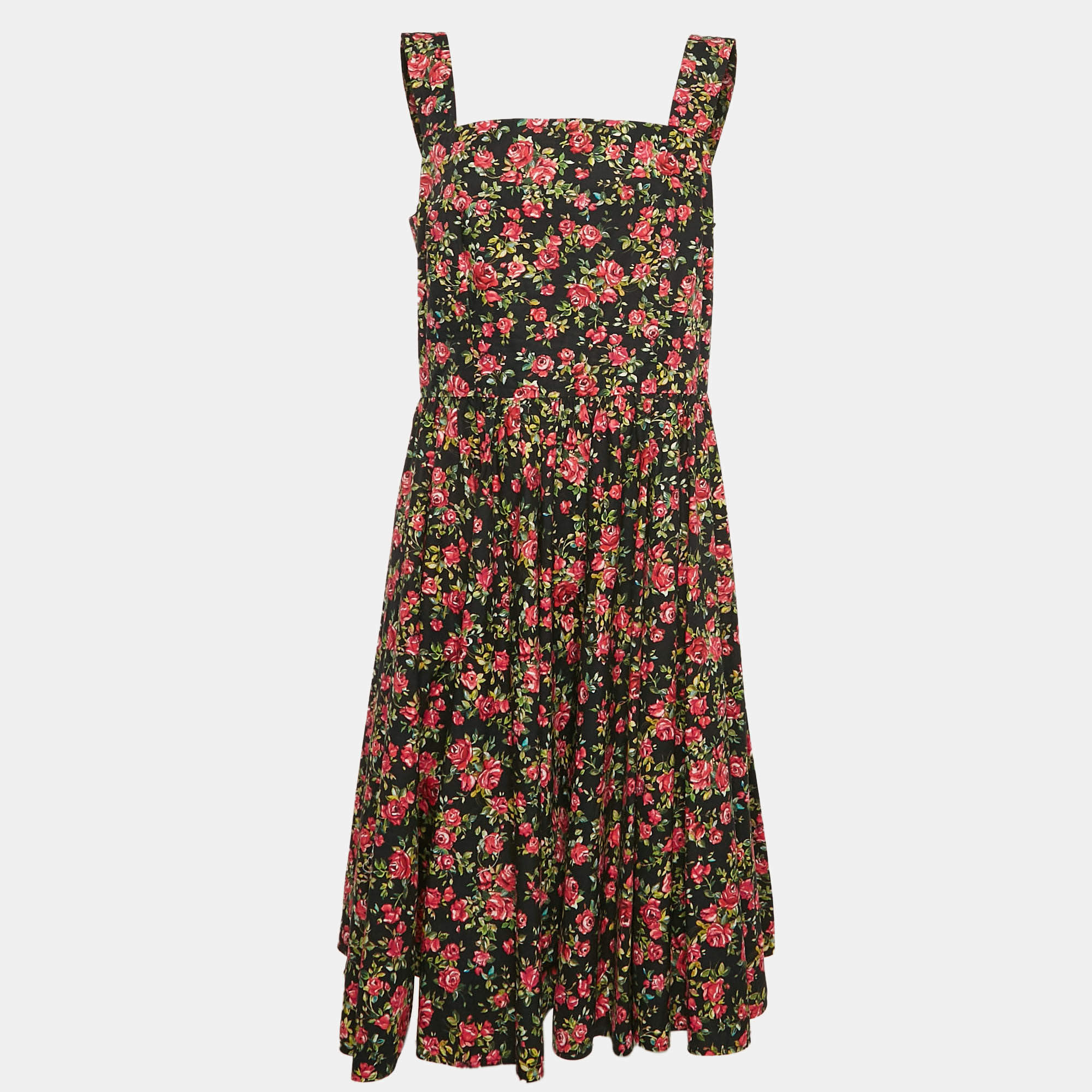 Pre Owned Dolce & Gabbana Black Rose Print Cotton Flared Midi Dress XL