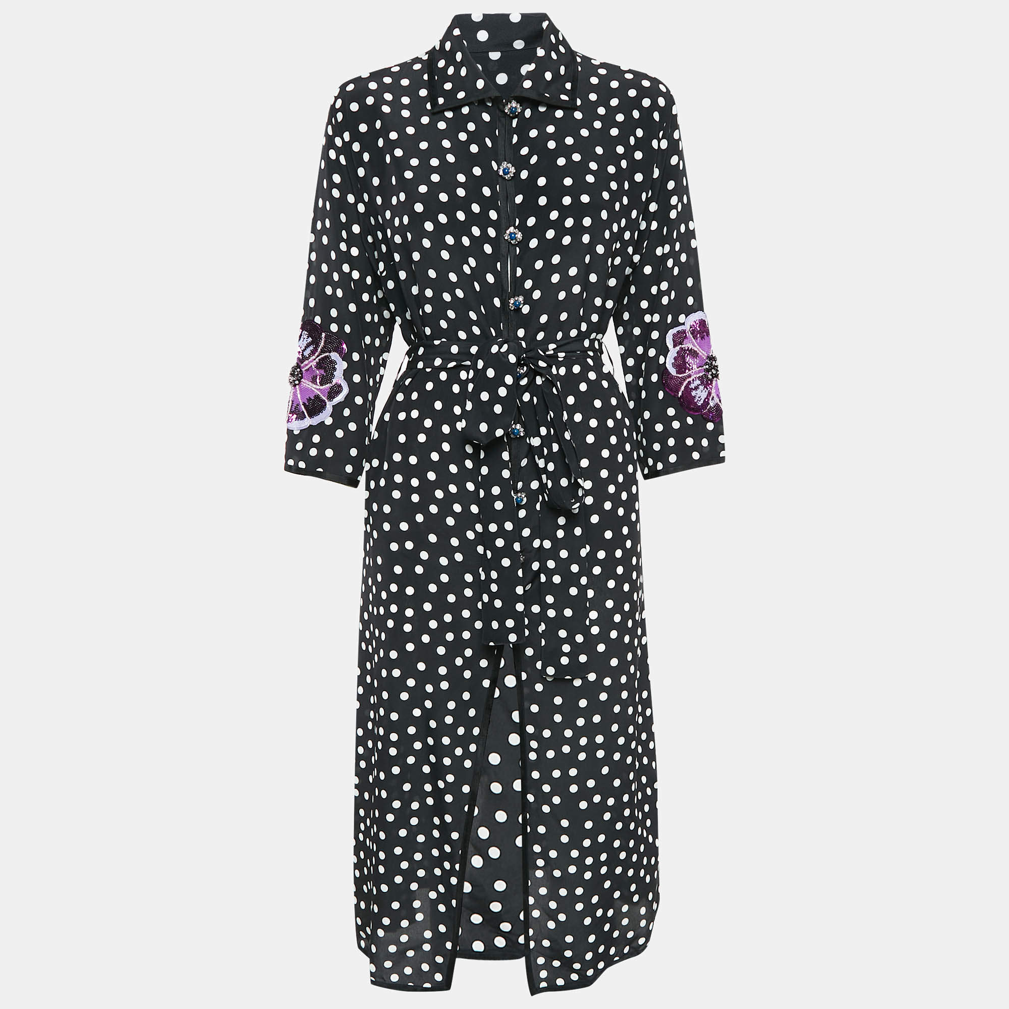 Pre Owned Dolce & Gabbana Black Polka Dot Print Silk Floral Sequin Button Front Midi Dress M