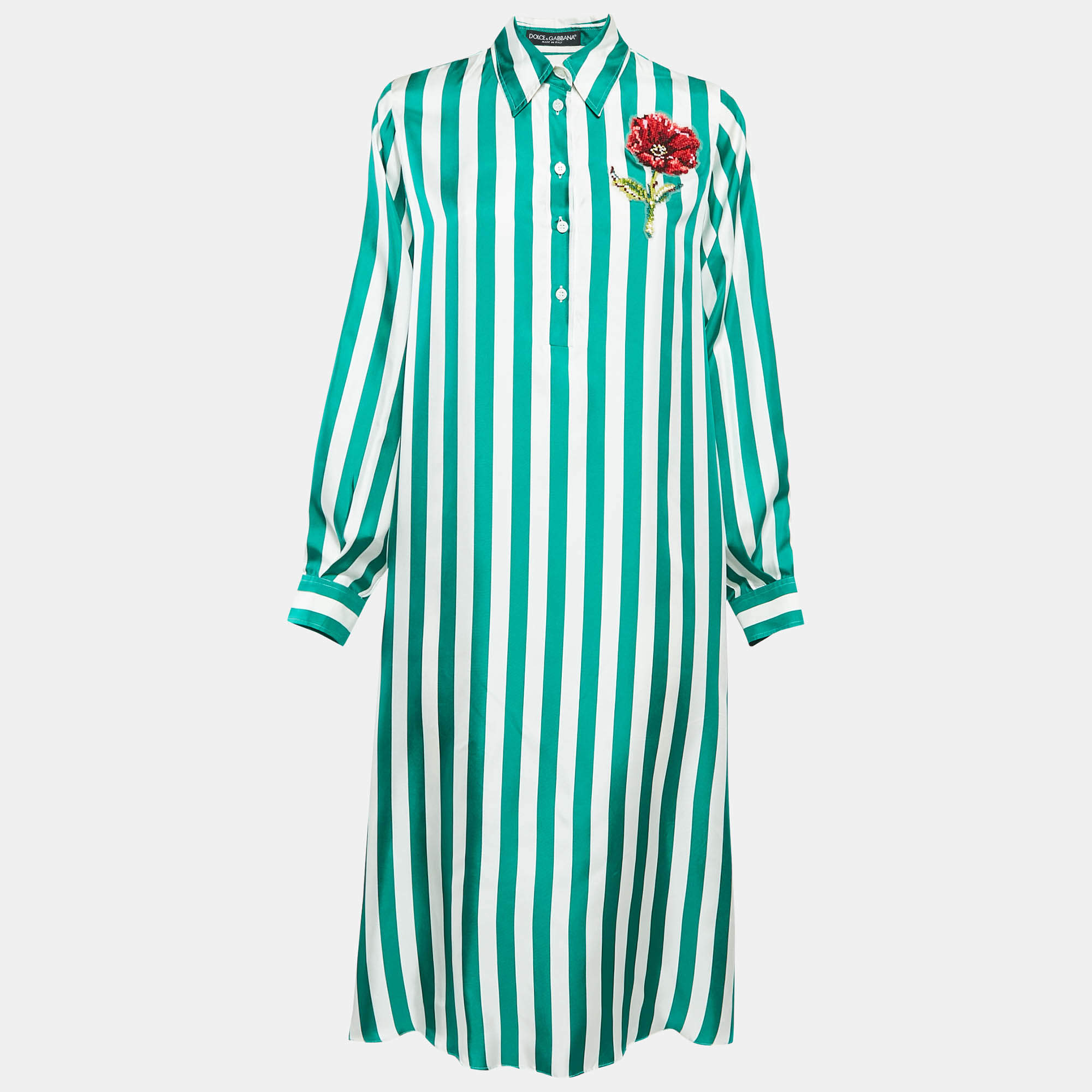 Pre Owned Dolce & Gabbana Green/White Floral Embroidered Stripe Silk Midi Dress S