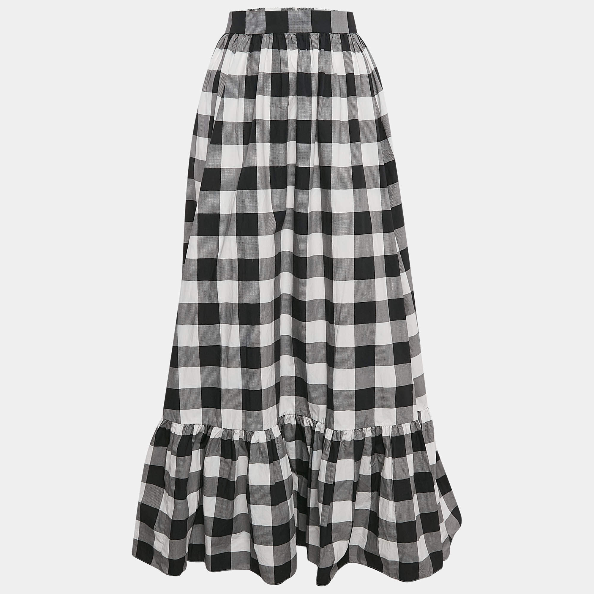 Dolce & Gabbana Black/White Checked Cotton Flounce Maxi Skirt L