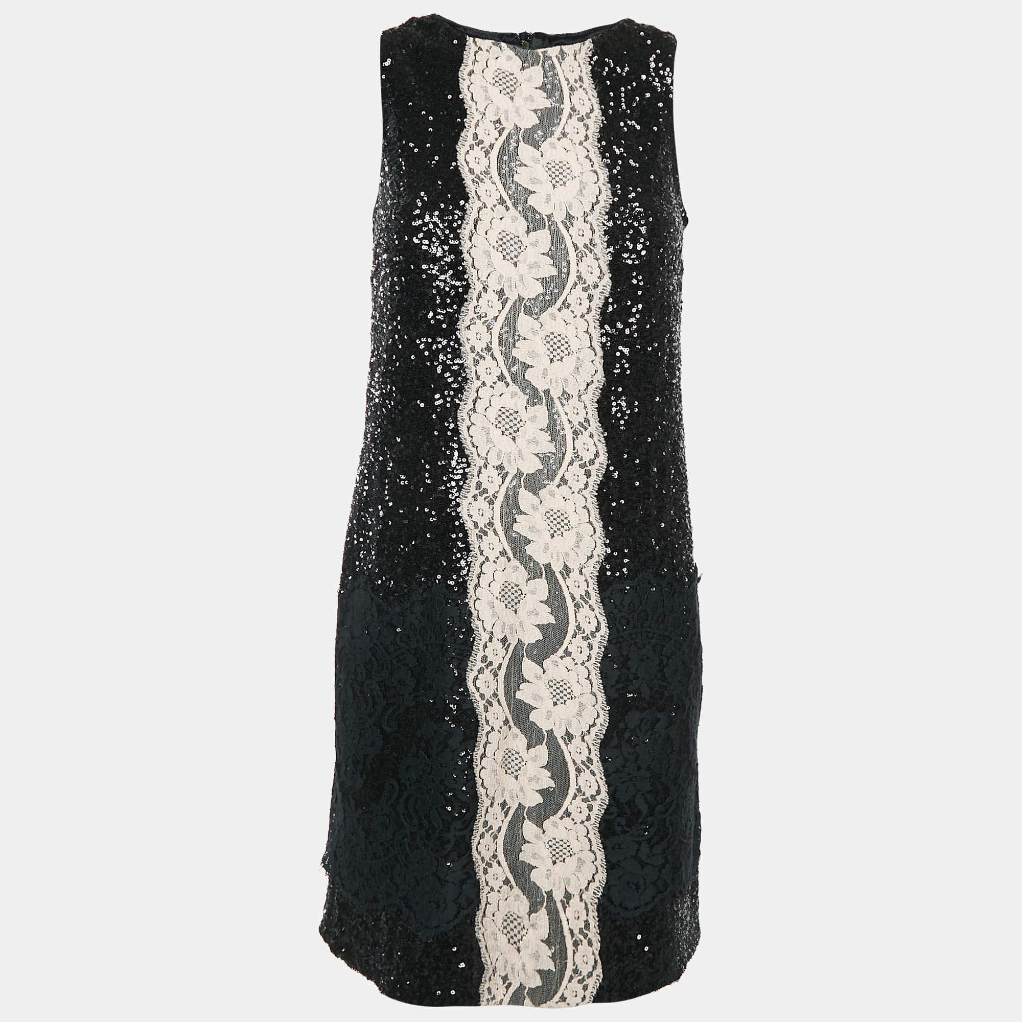 Pre Owned Dolce & Gabbana Black Sequin Lace Trimmed Sleeveless Mini Dress M