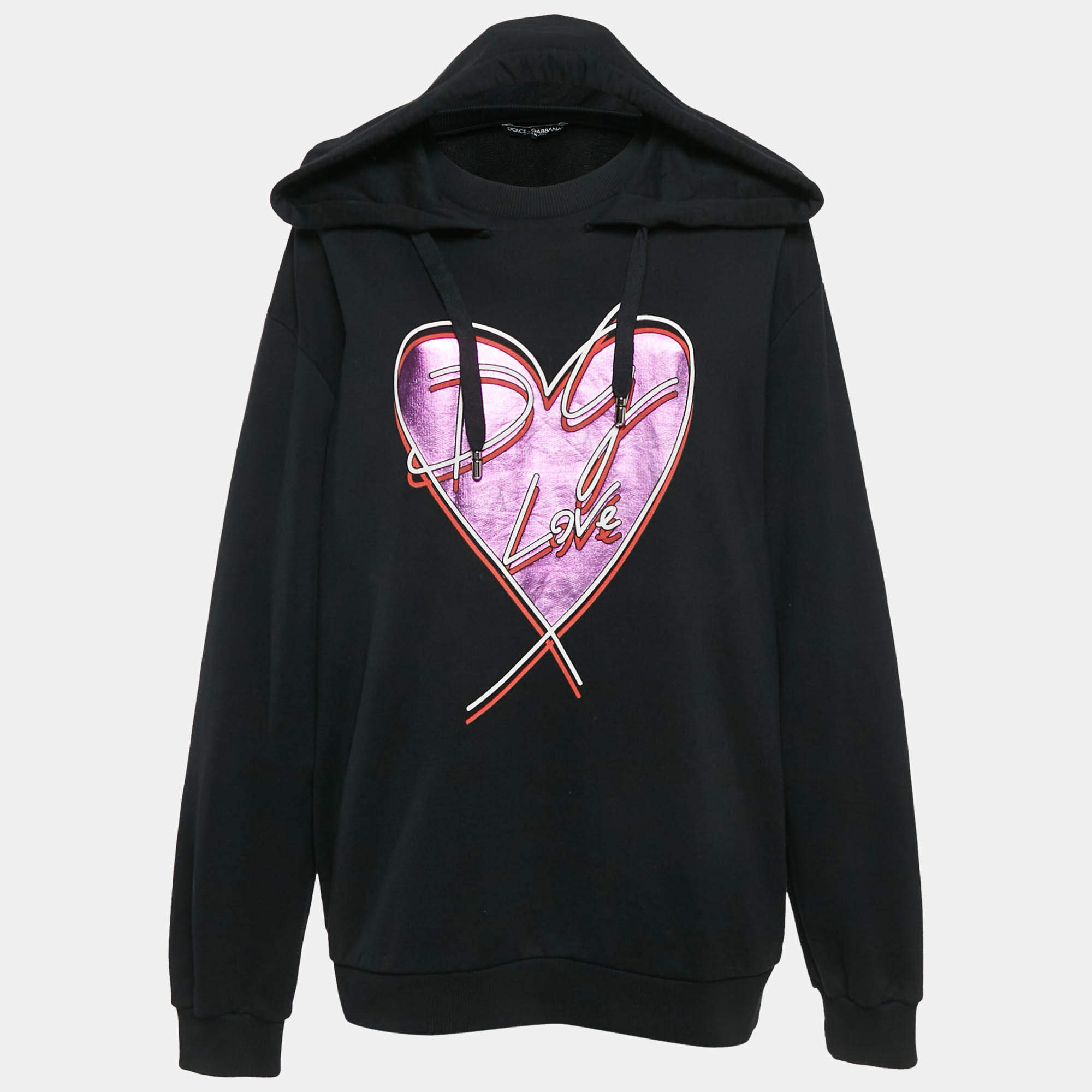 Pre Owned Dolce & Gabbana Black Heart Foil Print Hooded Sweatshirt M 