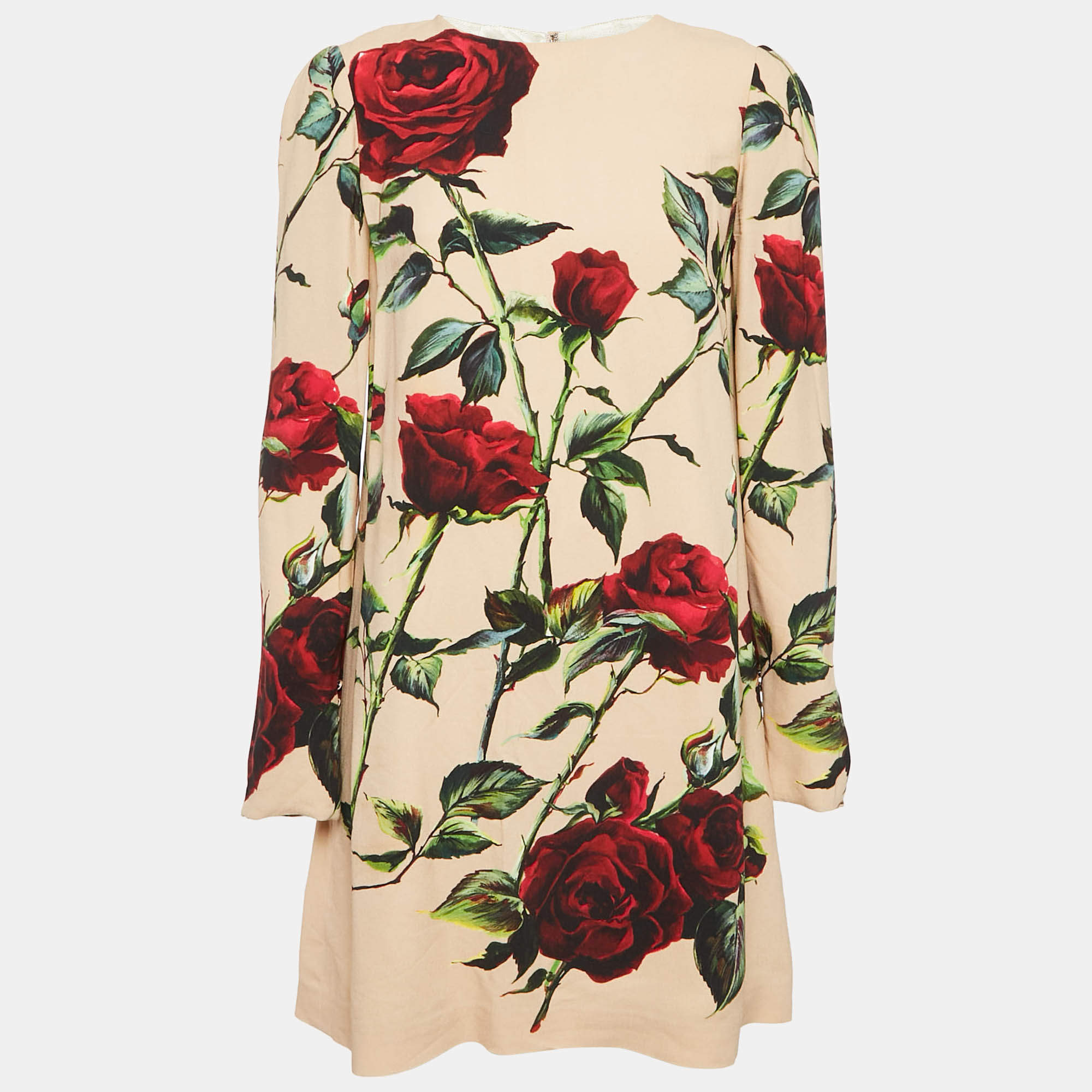 Pre Owned Dolce & Gabbana Caramel Beige Floral Print Crepe Mini Dress M