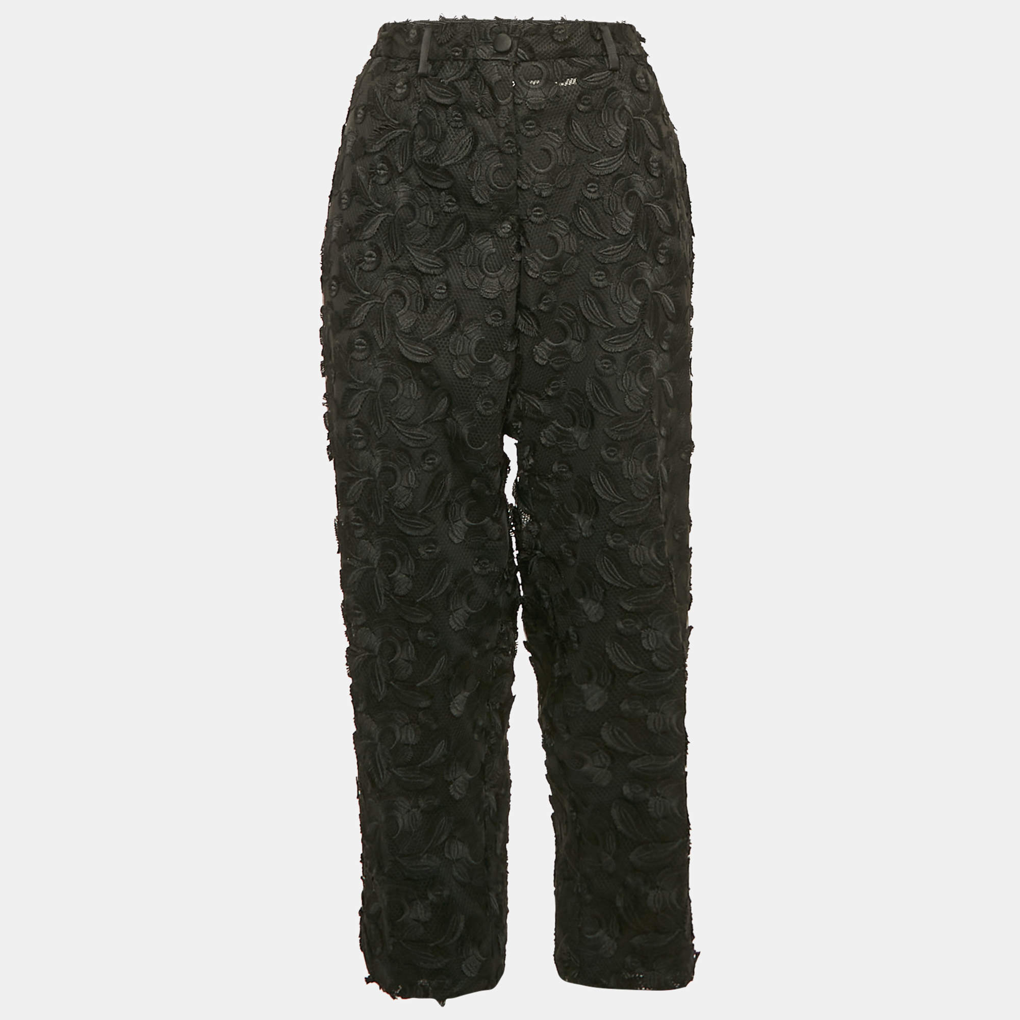 Pre Owned Dolce & Gabbana Black Applique Detail Mesh and Tulle Trousers L
