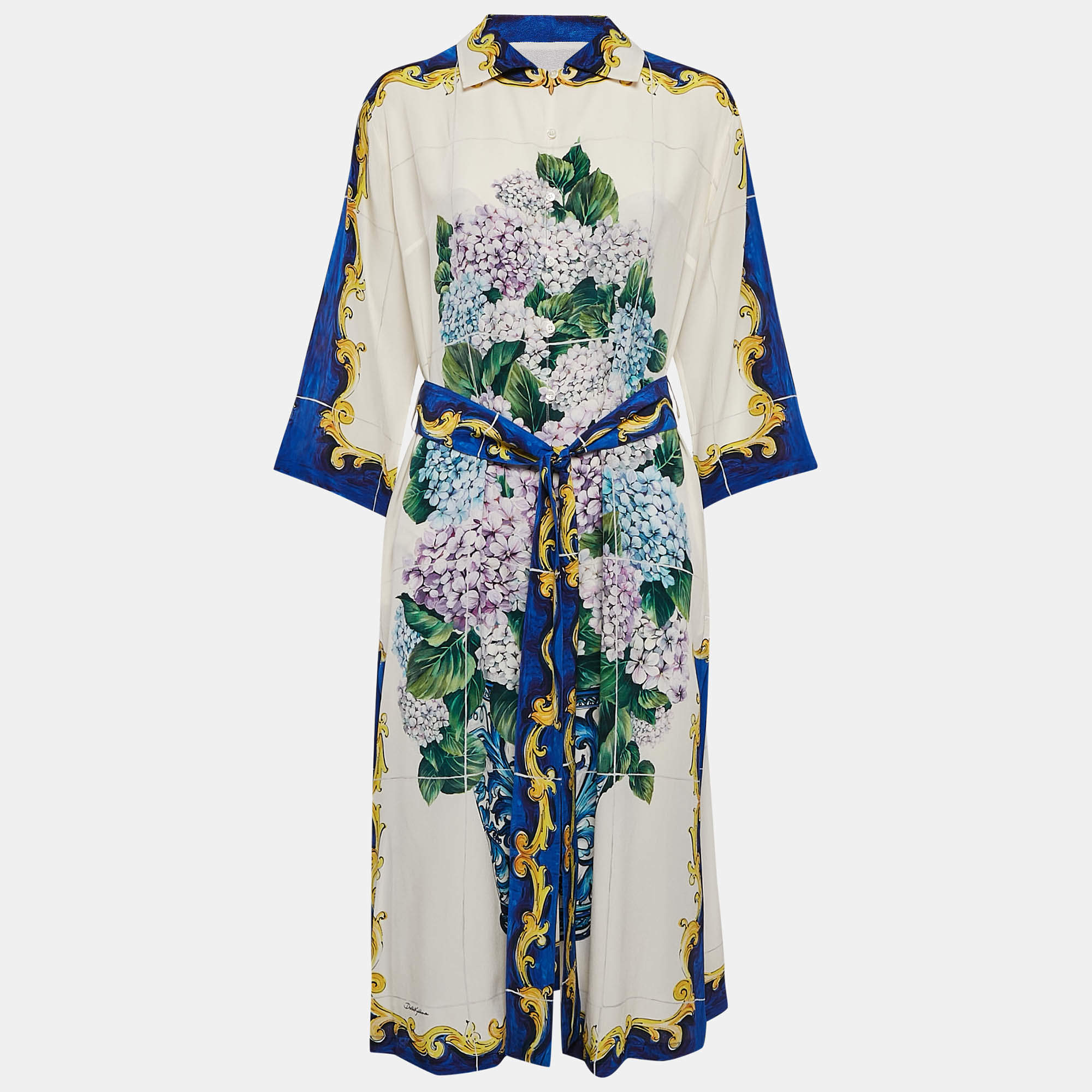 Pre Owned Dolce & Gabbana Multicolor Printed Silk Belted Midi Dress M