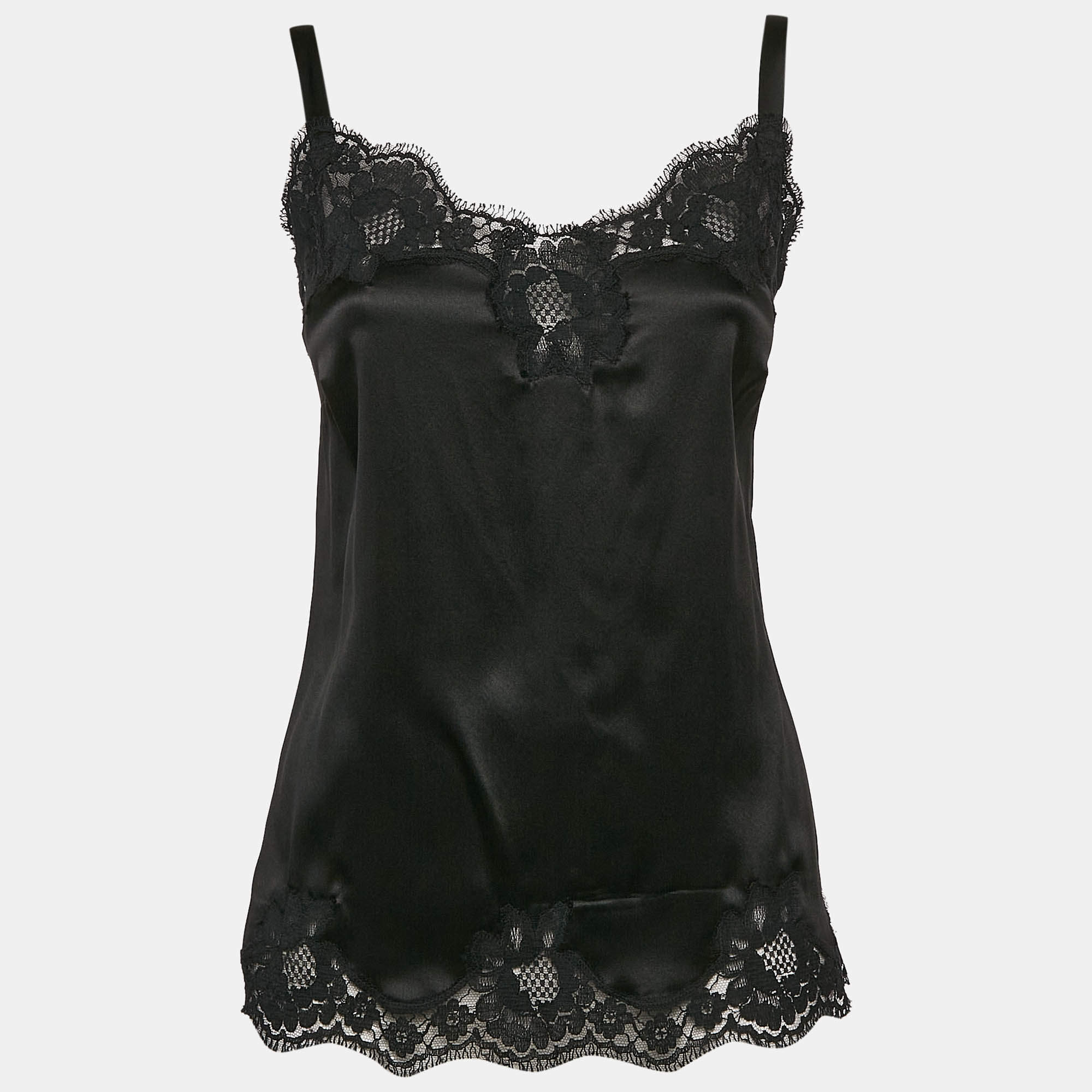 Pre Owned Dolce & Gabbana Black Silk Satin Lace Trimmed Camisole L