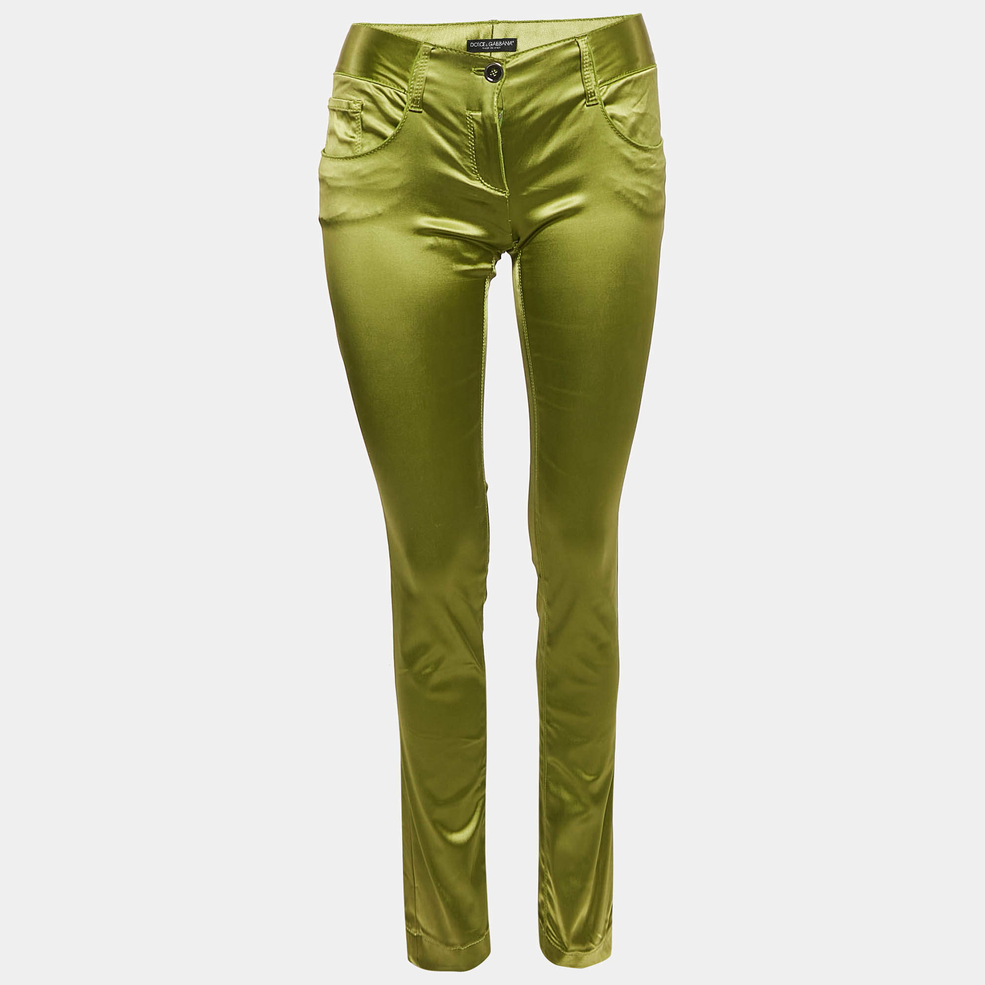 Pre Owned Dolce & Gabbana Green Satin Trousers XS