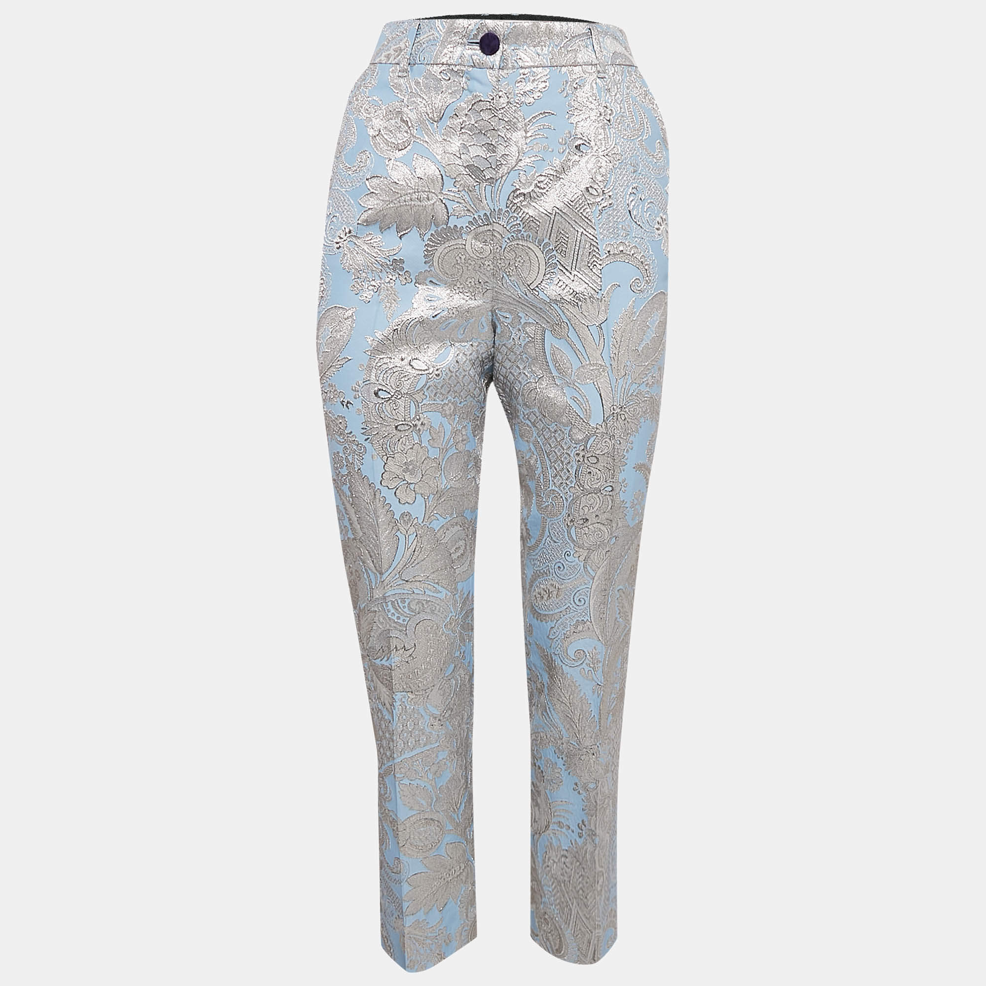 Pre Owned Dolce & Gabbana Blue Lurex Crepe Jacquard Pants S