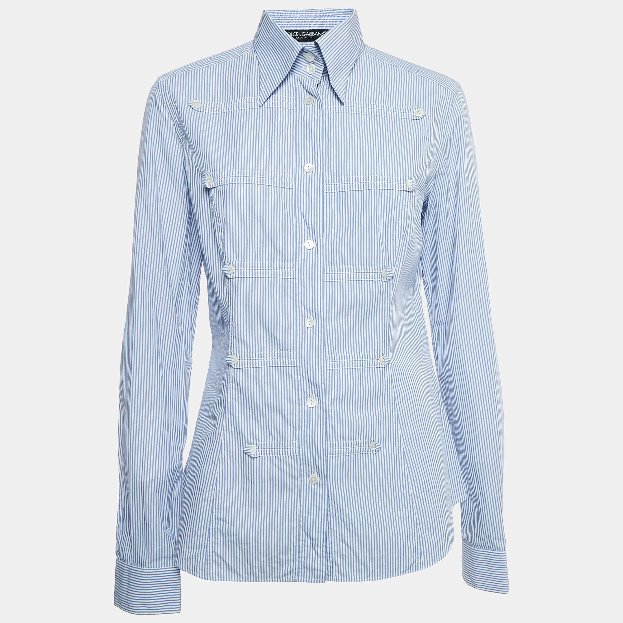 Pre Owned Dolce & Gabbana Blue Pinstripe Cotton Button Front Shirt M