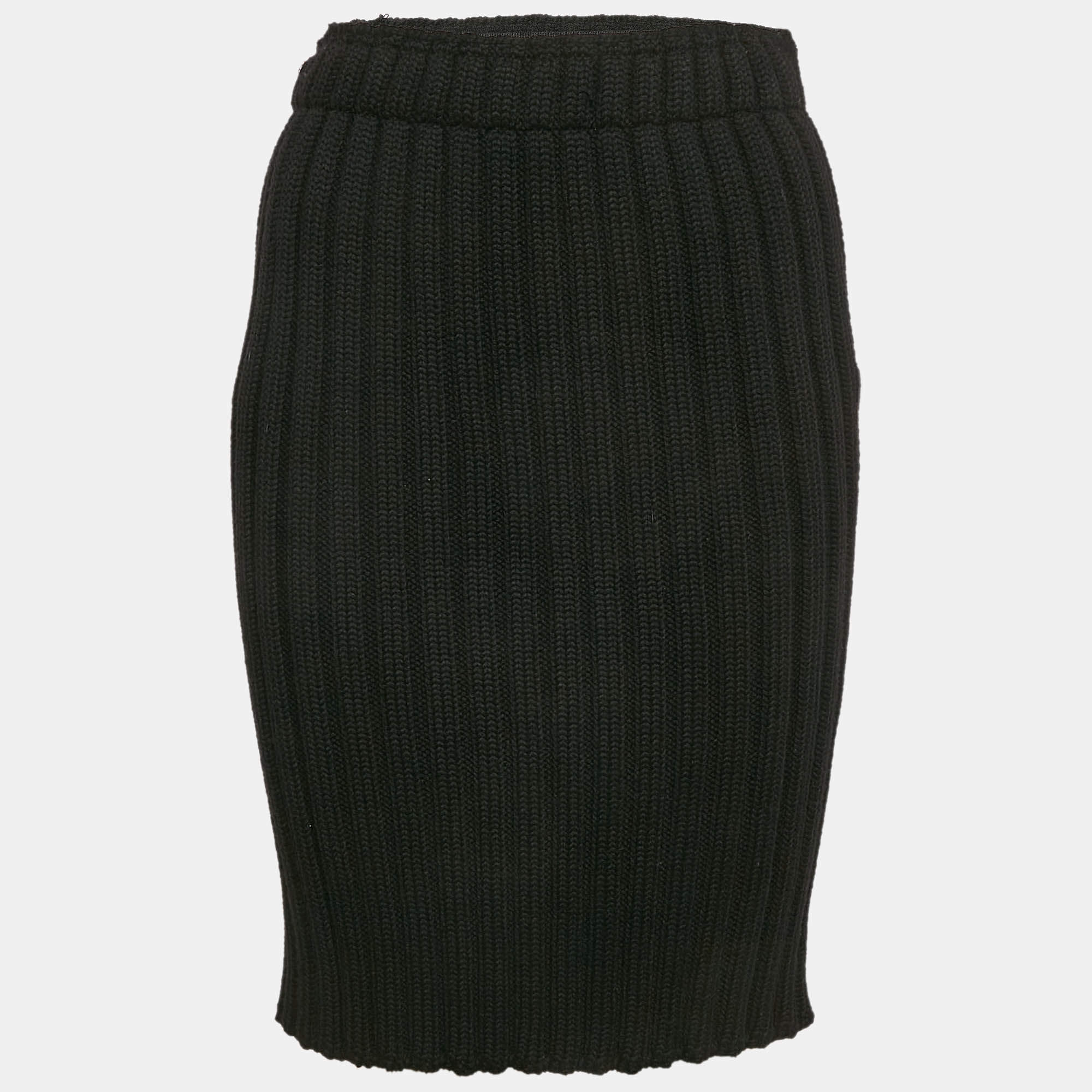 Dolce & Gabbana Black Virgin Wool Rib Knit Knee-Length Skirt S