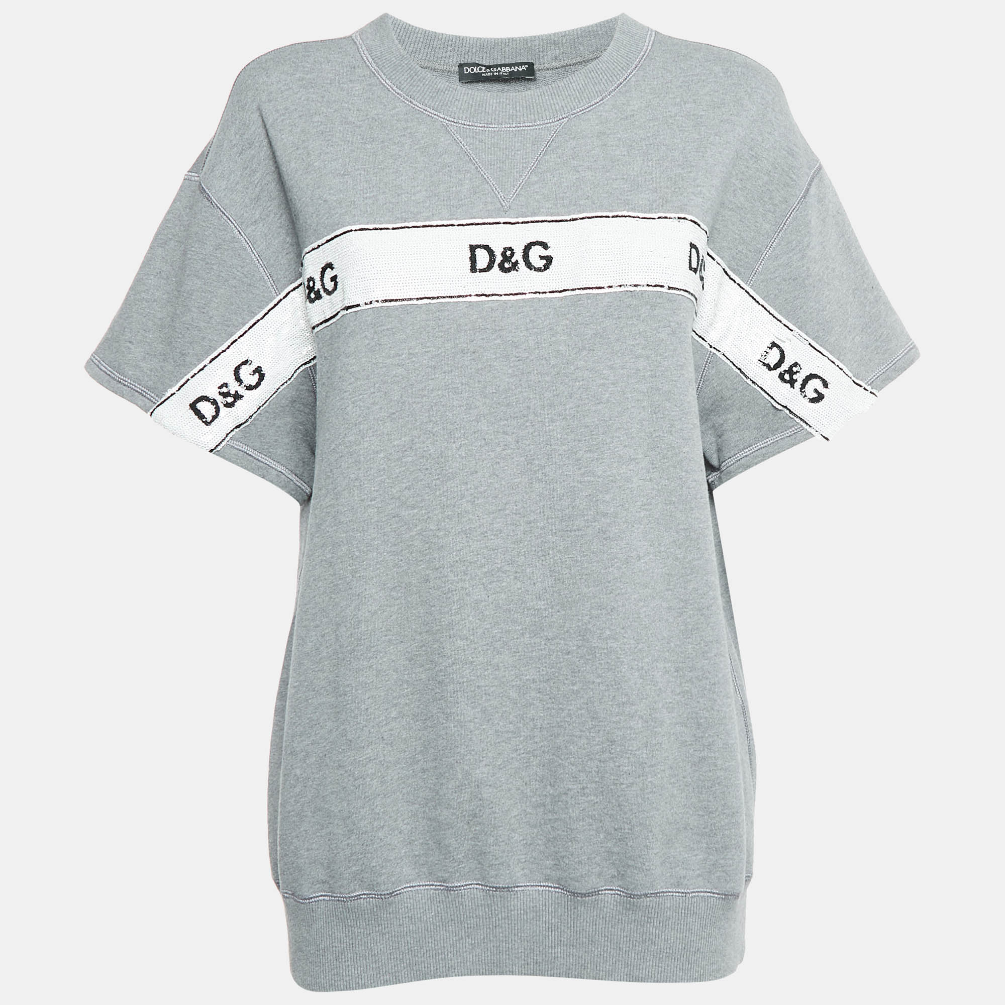 Pre Owned Dolce & Gabbana Grey Cotton Sequin Detail T-Shirt M