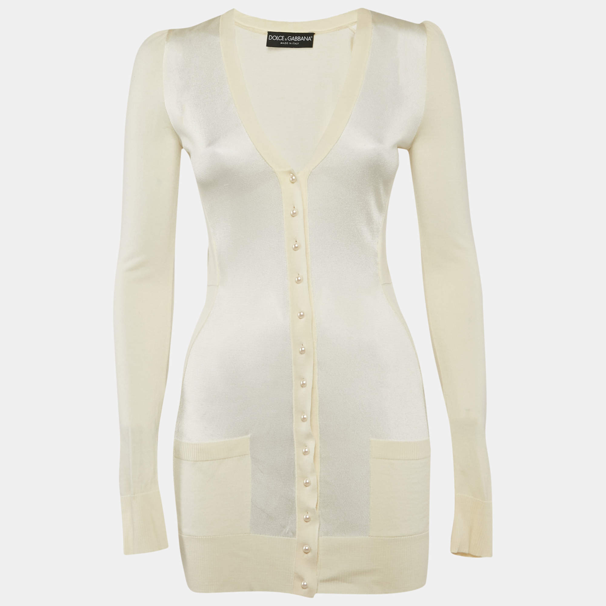 Pre Owned Dolce & Gabbana Cream Knit Bead Button Detail Cardigan XS