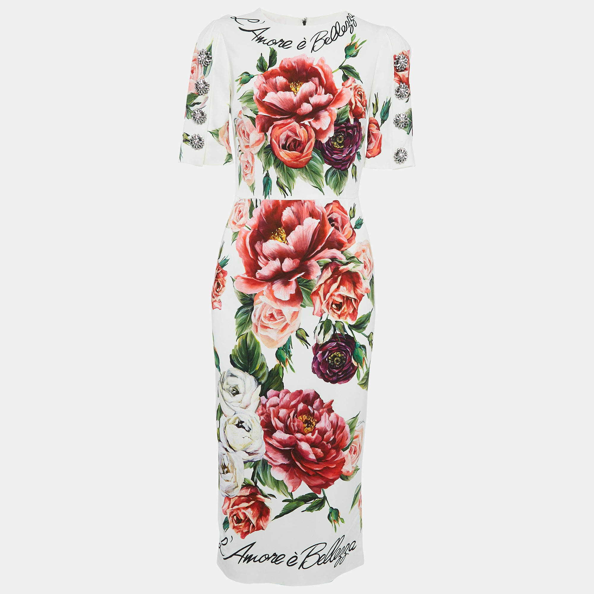 Pre Owned Dolce & Gabbana Multicolor Floral Print Crepe Brooch Detail Midi Dress S